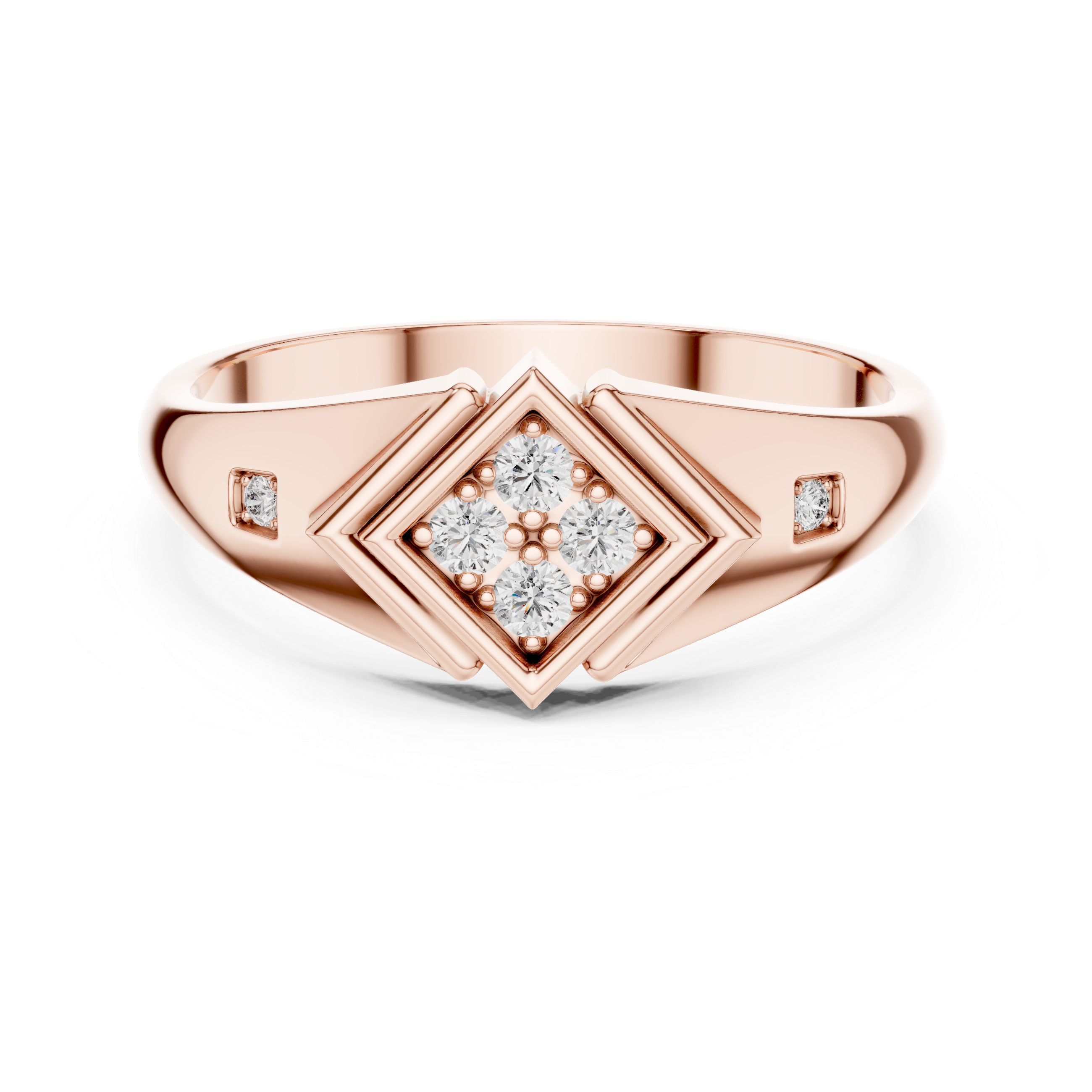 Gold ring with diamond accents on a white background