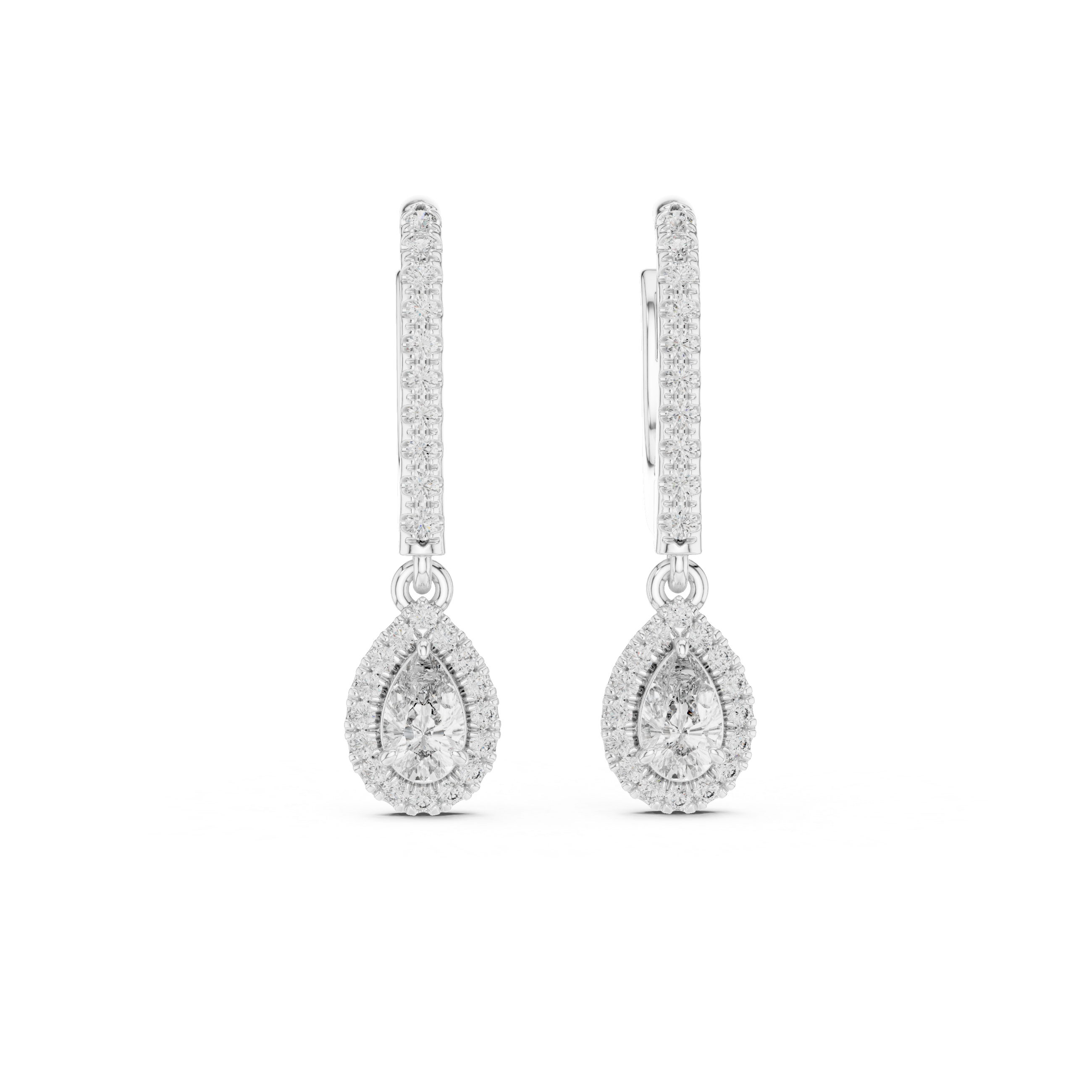 The Talloires Earrings - Pear Cut Halo Drop Huggies