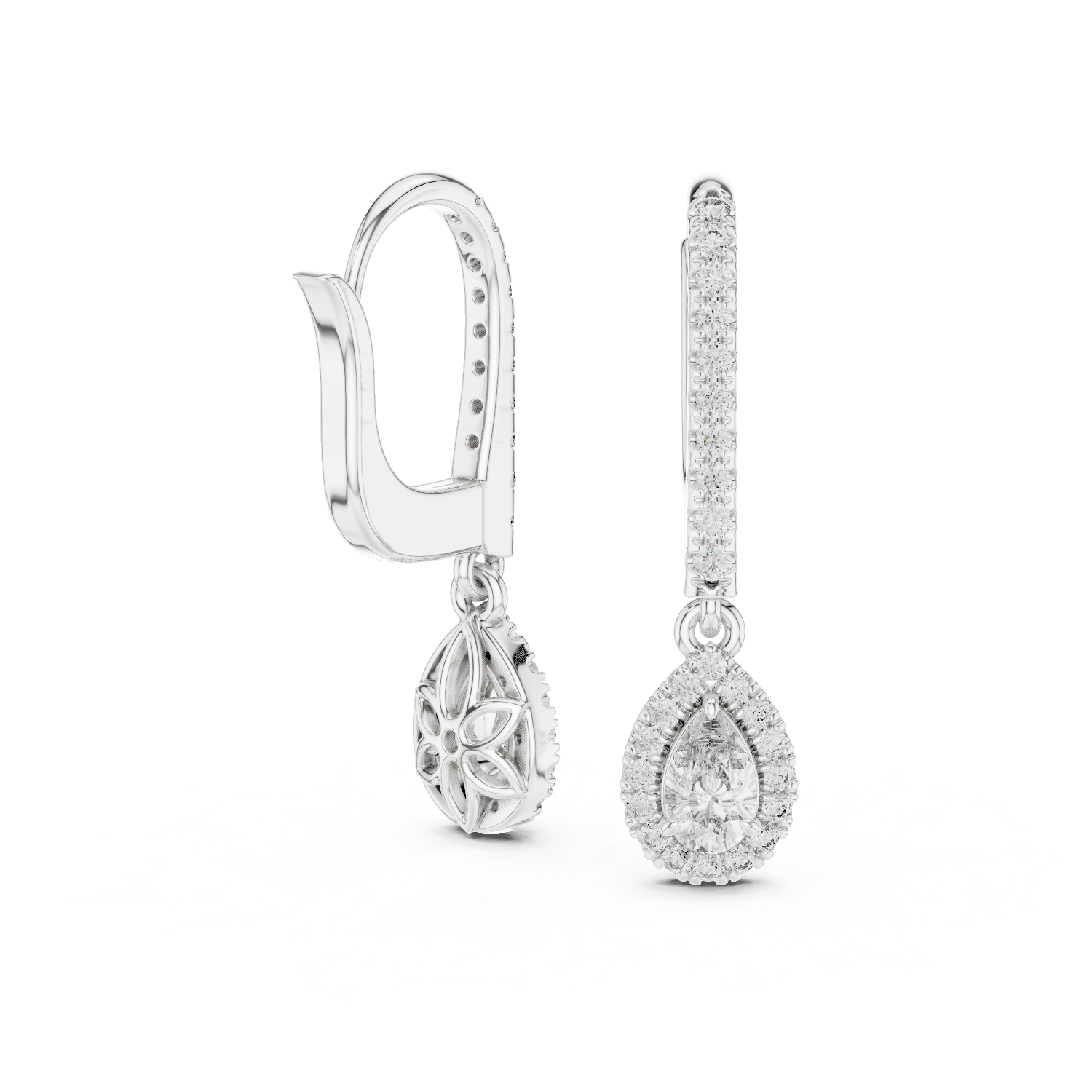 The Talloires Earrings - Pear Cut Halo Drop Huggies