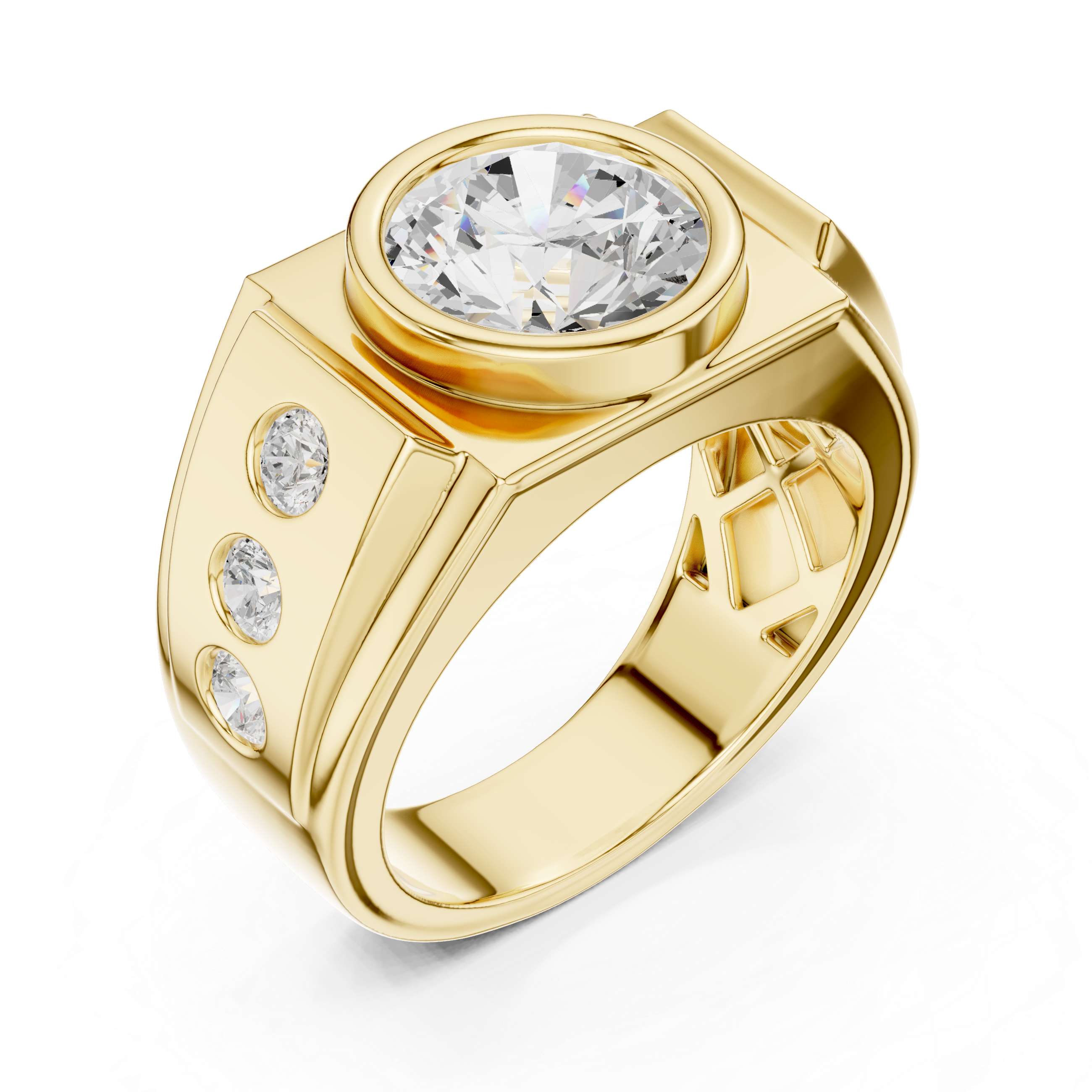 Gold ring with a large central diamond and smaller diamonds on a white background