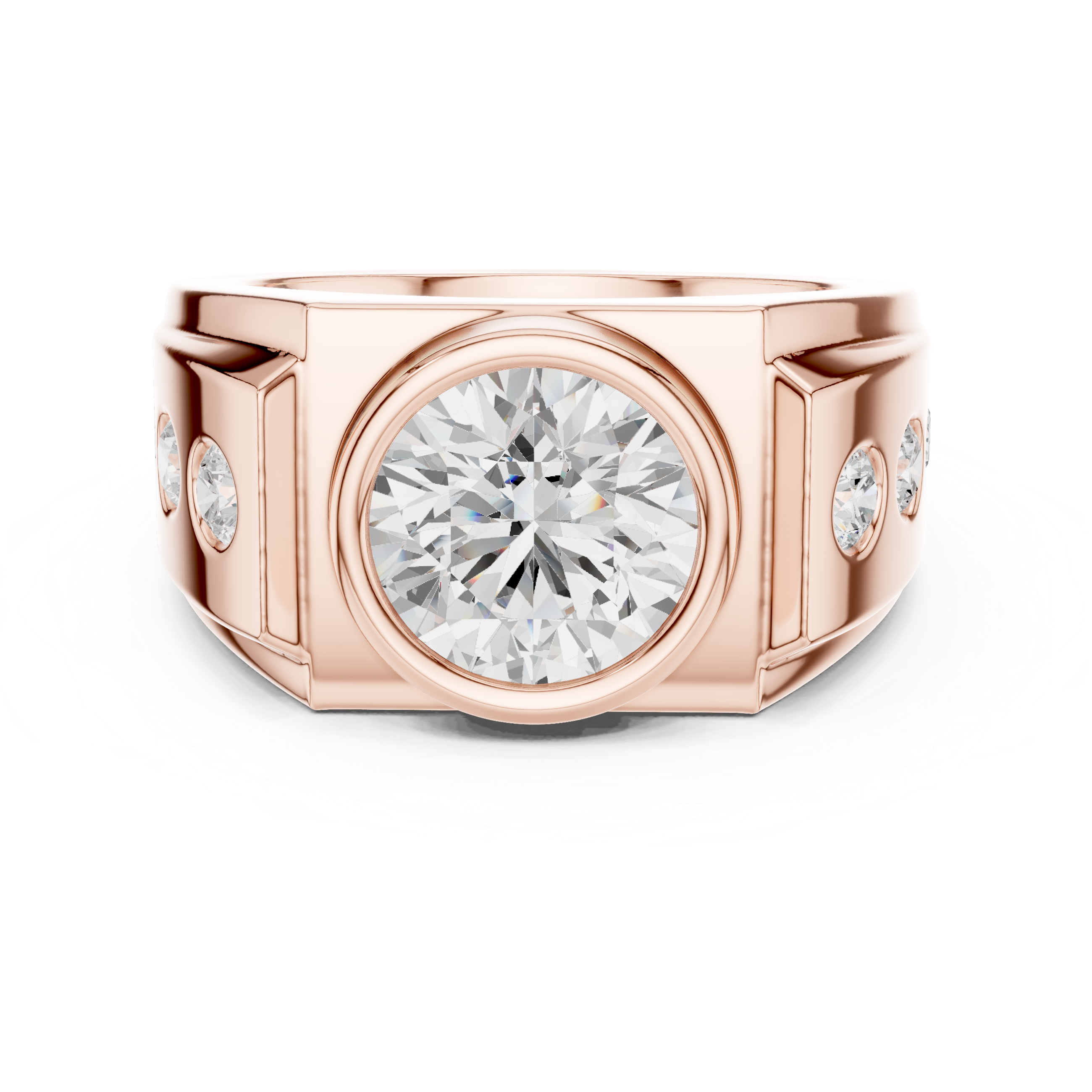 Rose gold ring with a large diamond and smaller diamonds on the sides against a white background