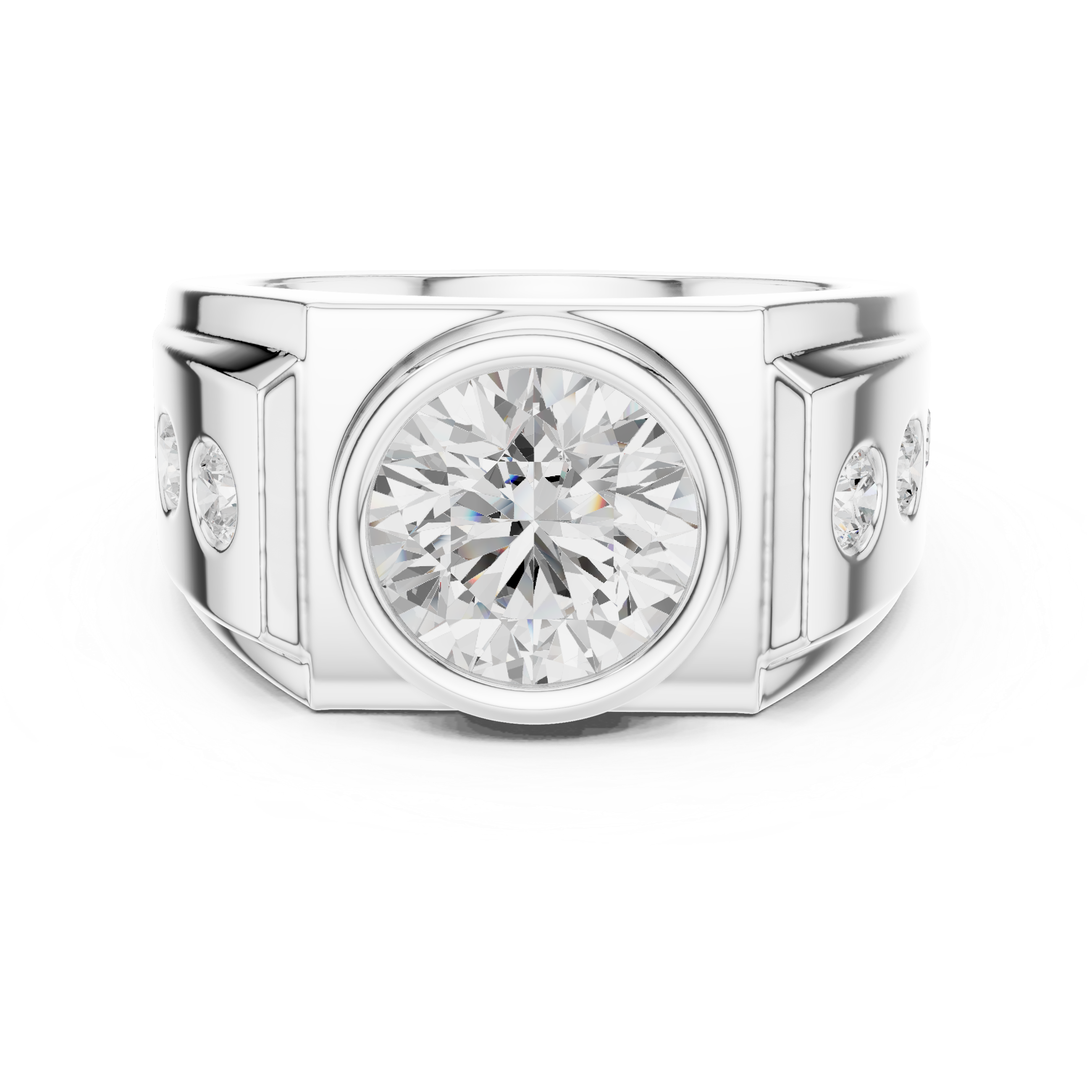 Silver ring with a large diamond and smaller diamonds on the sides against a white background