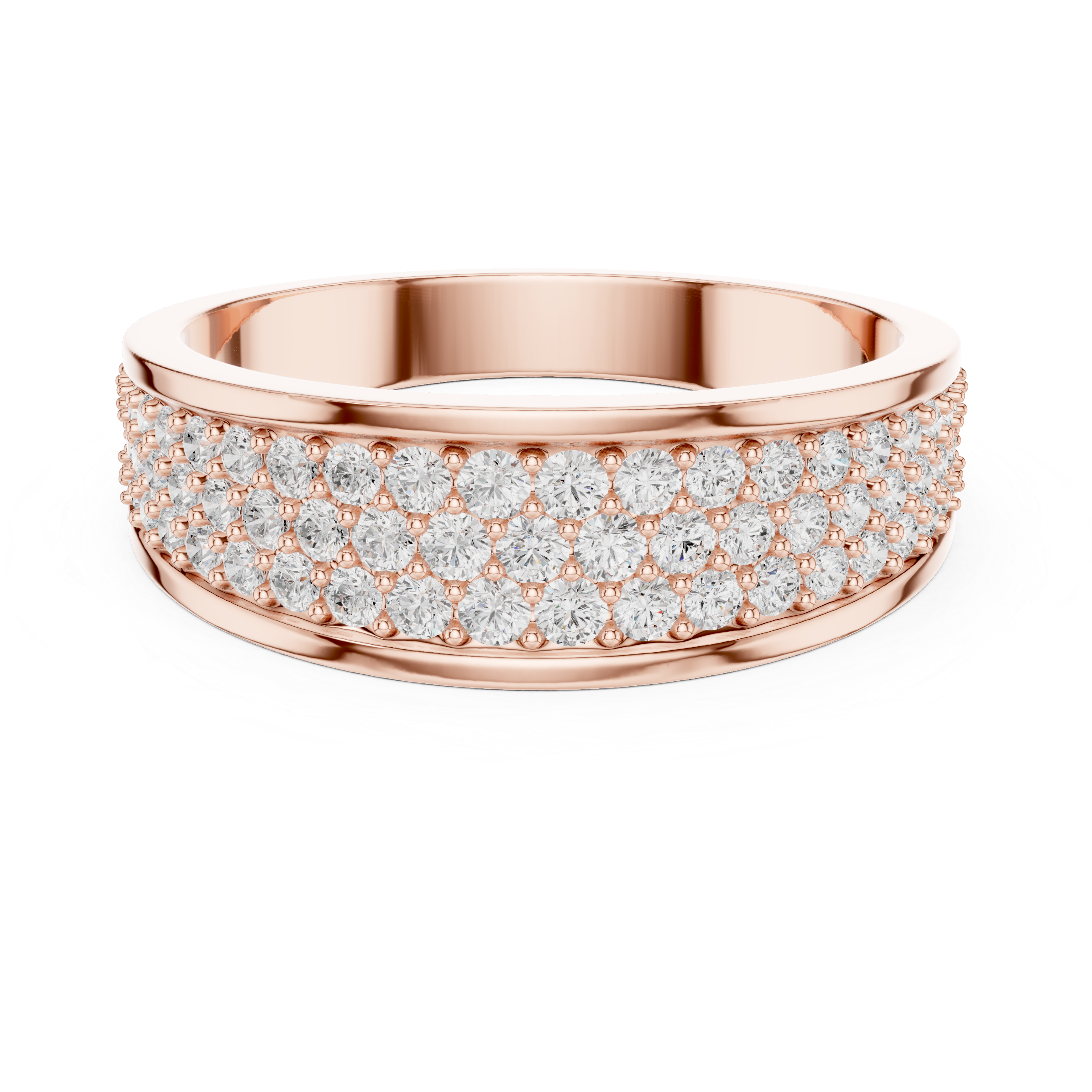 Rose gold ring with diamonds on a white background