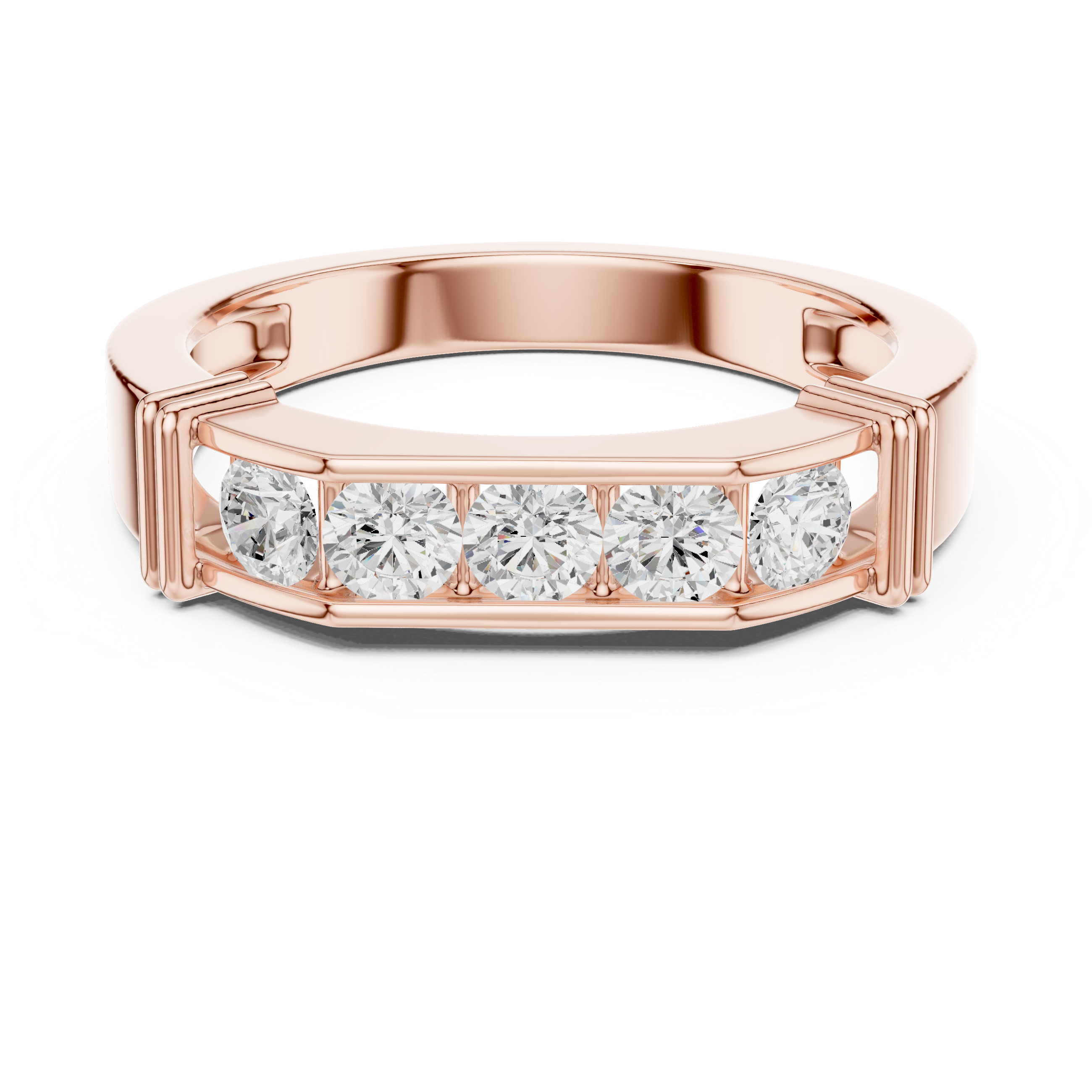 Rose gold ring with diamonds on a white background