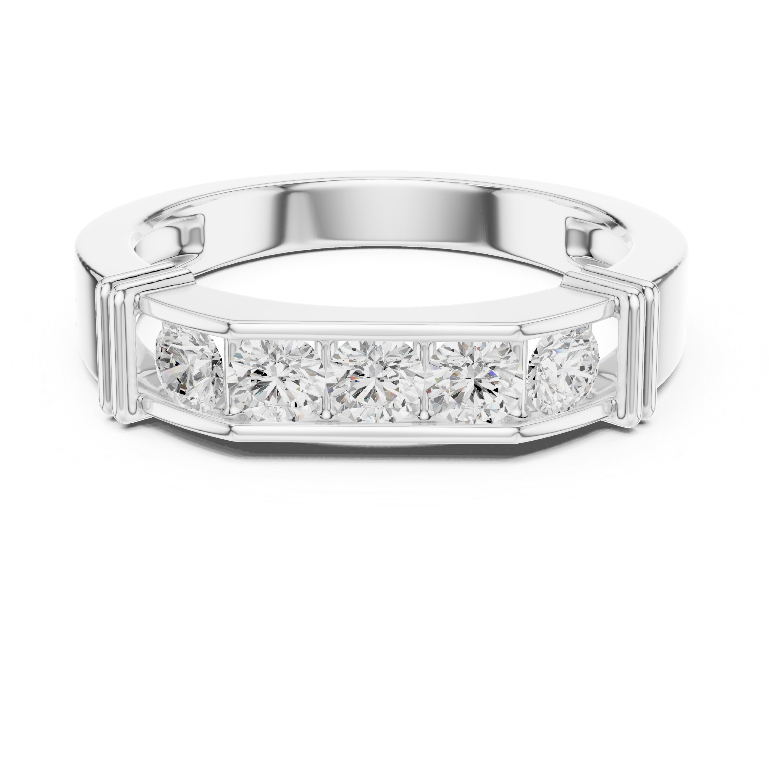 Diamond ring with a white gold band on a white background