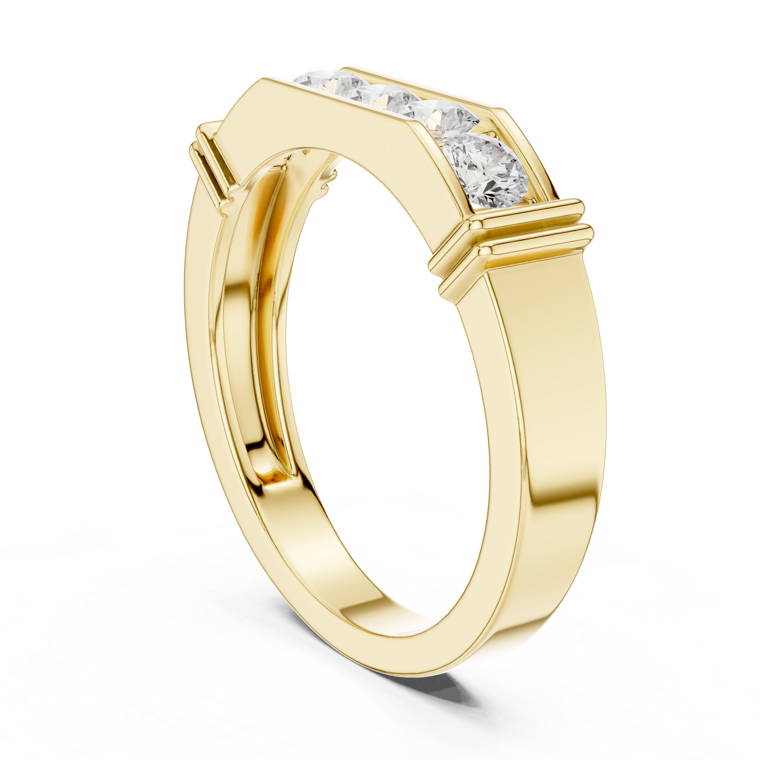 Gold ring with embedded diamonds on a white background