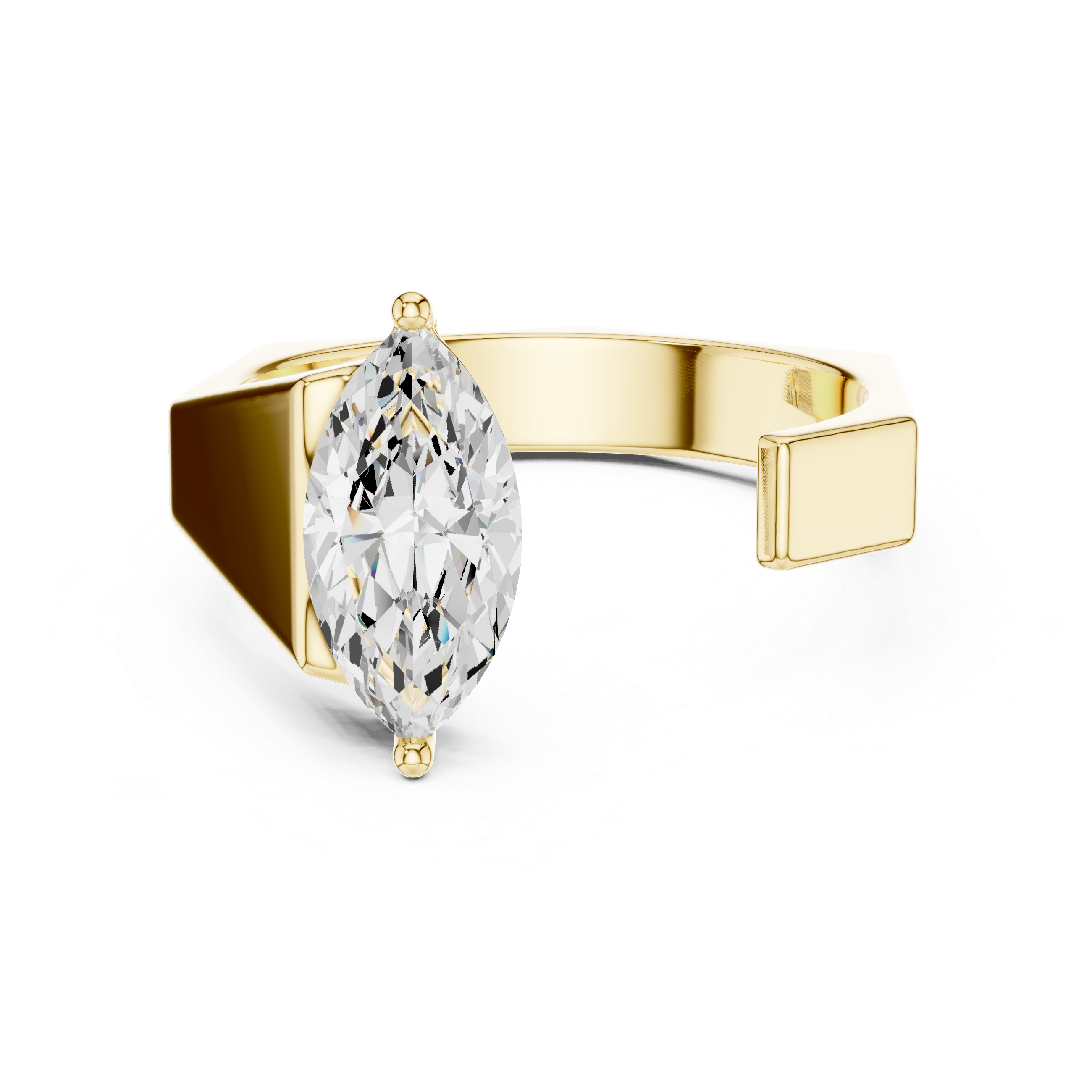 Gold ring with a pear-shaped diamond on a white background