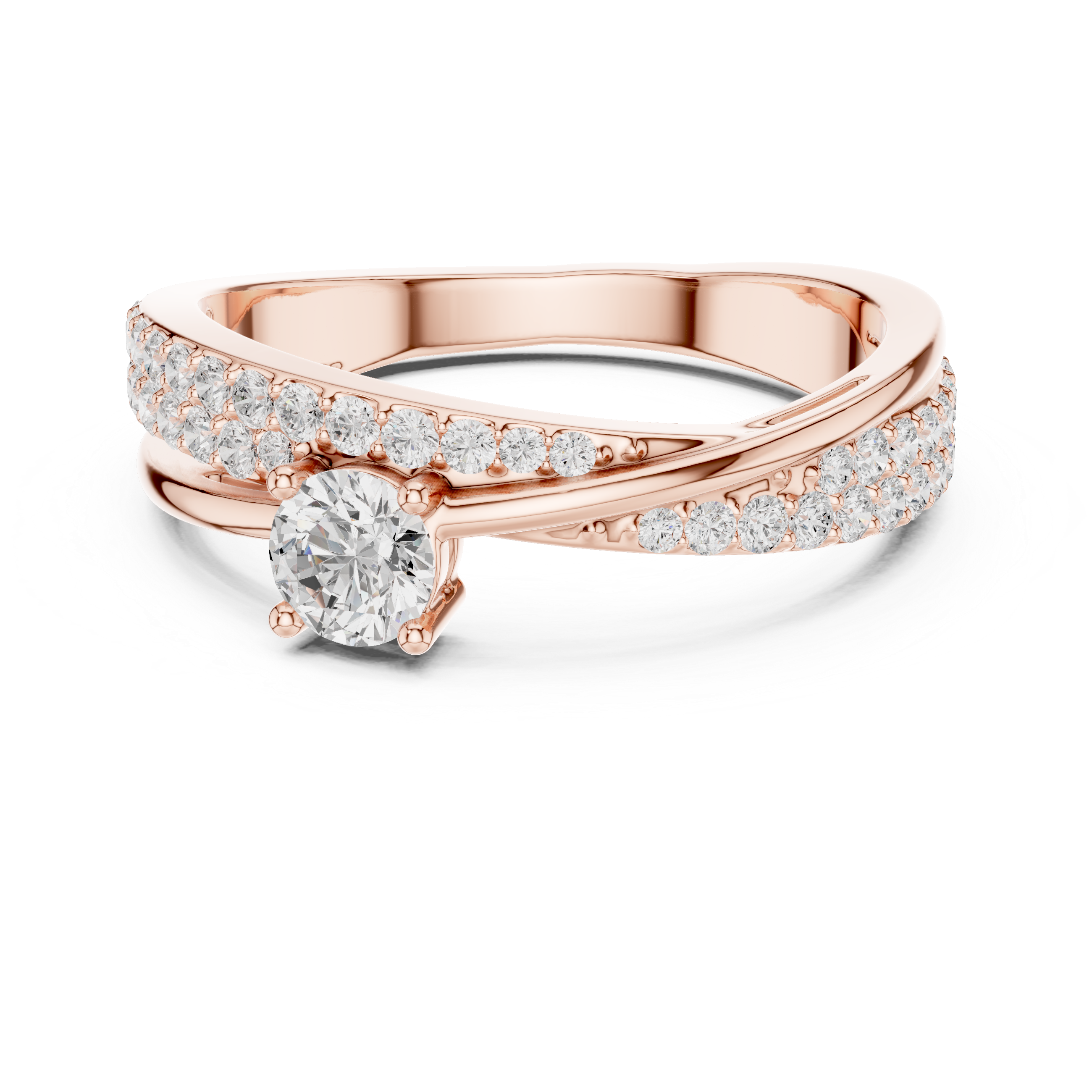 Rose gold ring with diamonds on a white background