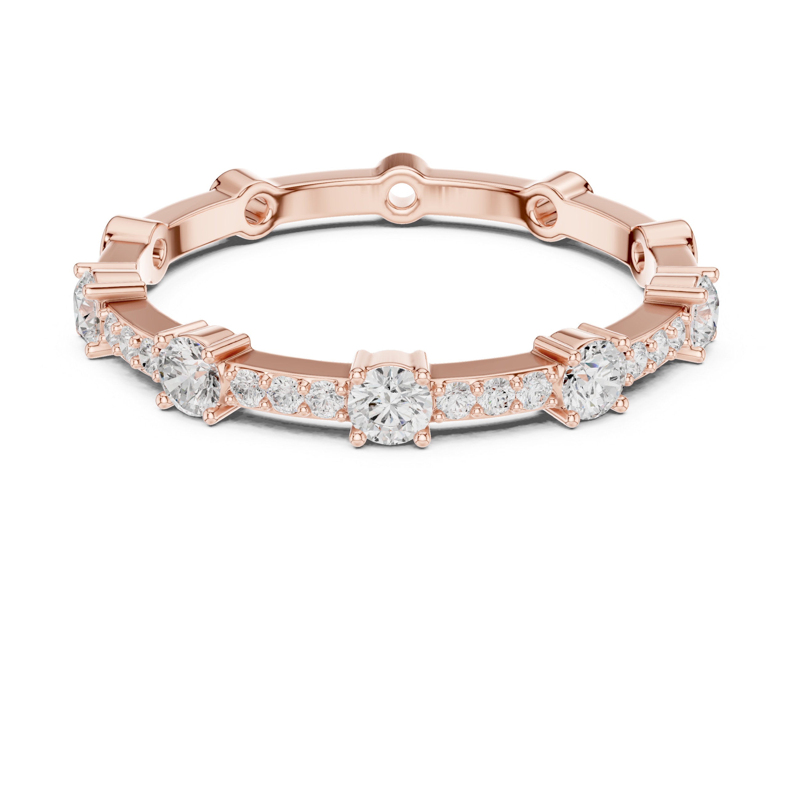 Rose gold ring with diamonds on a white background