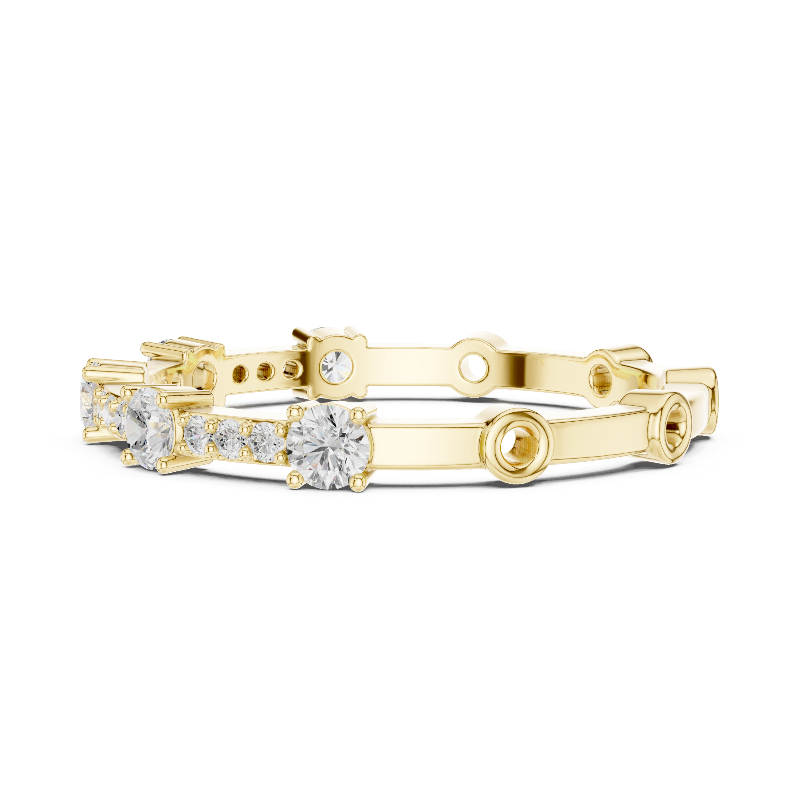 Gold ring with diamond stones on a white background