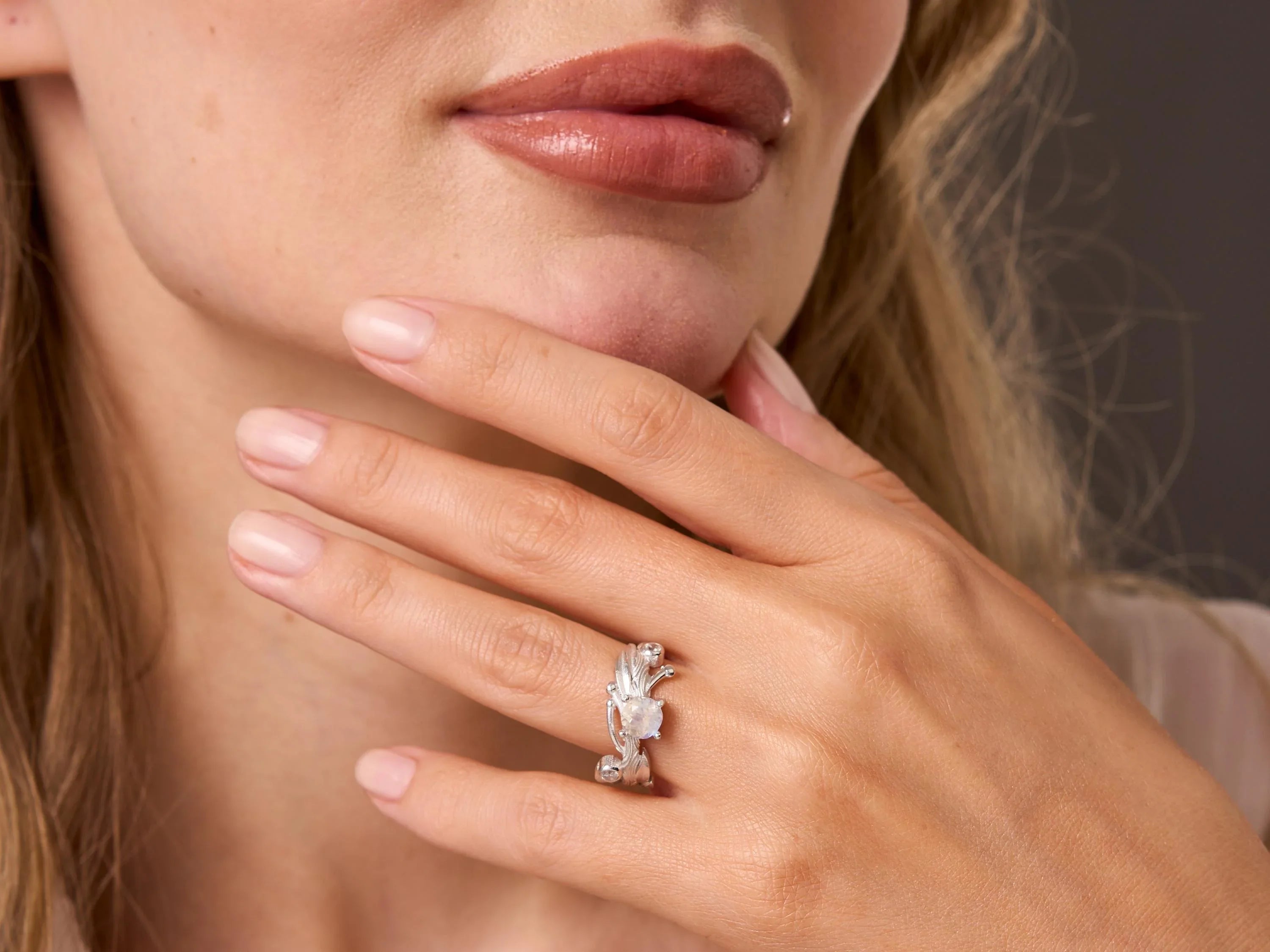 Moon Stone Leaf Ring, Rainbow Moonstone Ring Silver