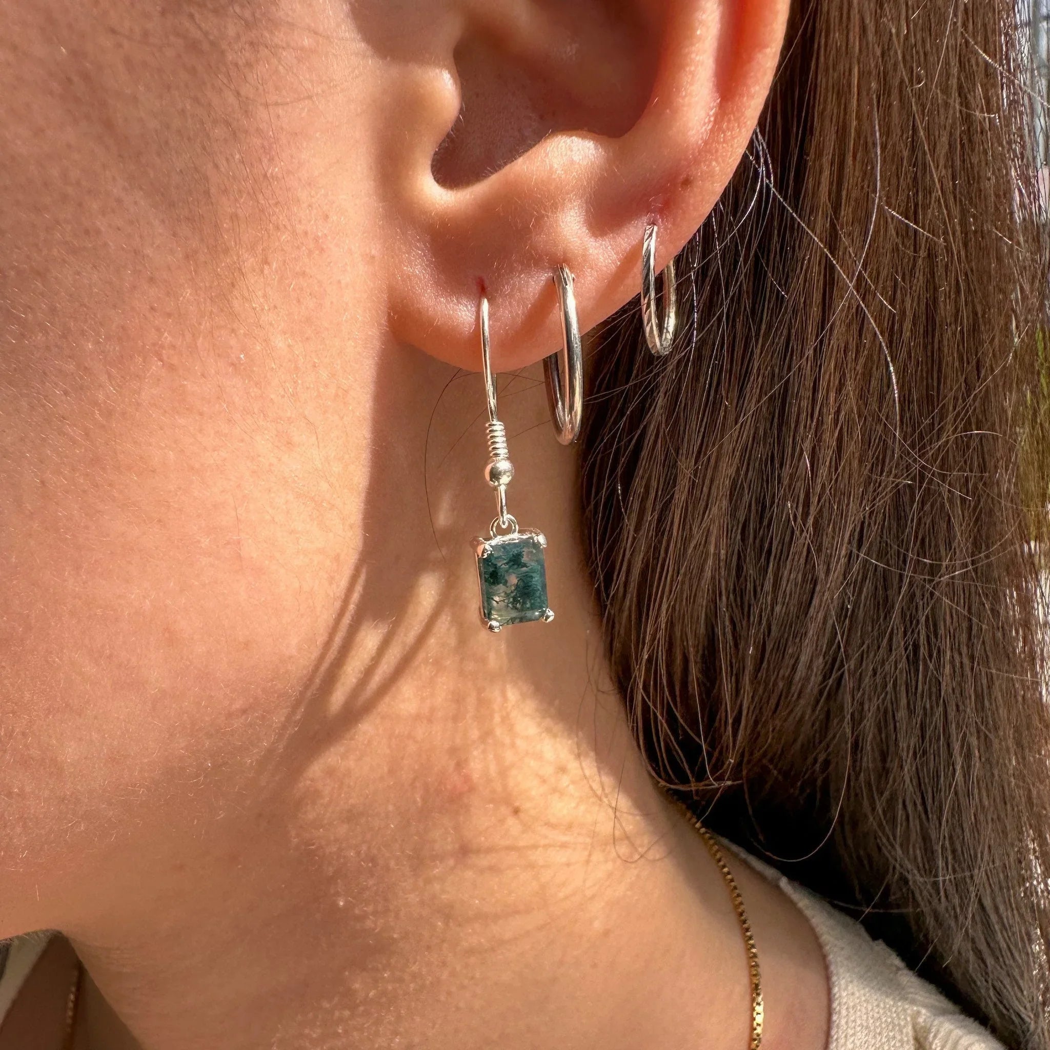 Emerald Cut Moss Agate Earrings, Sterling Silver Green Moss Agate