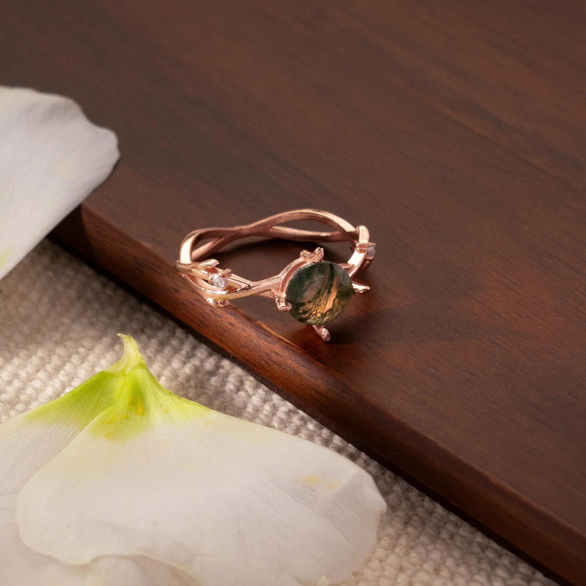 Moss Agate Diamond Ring, Branch Engagement Ring