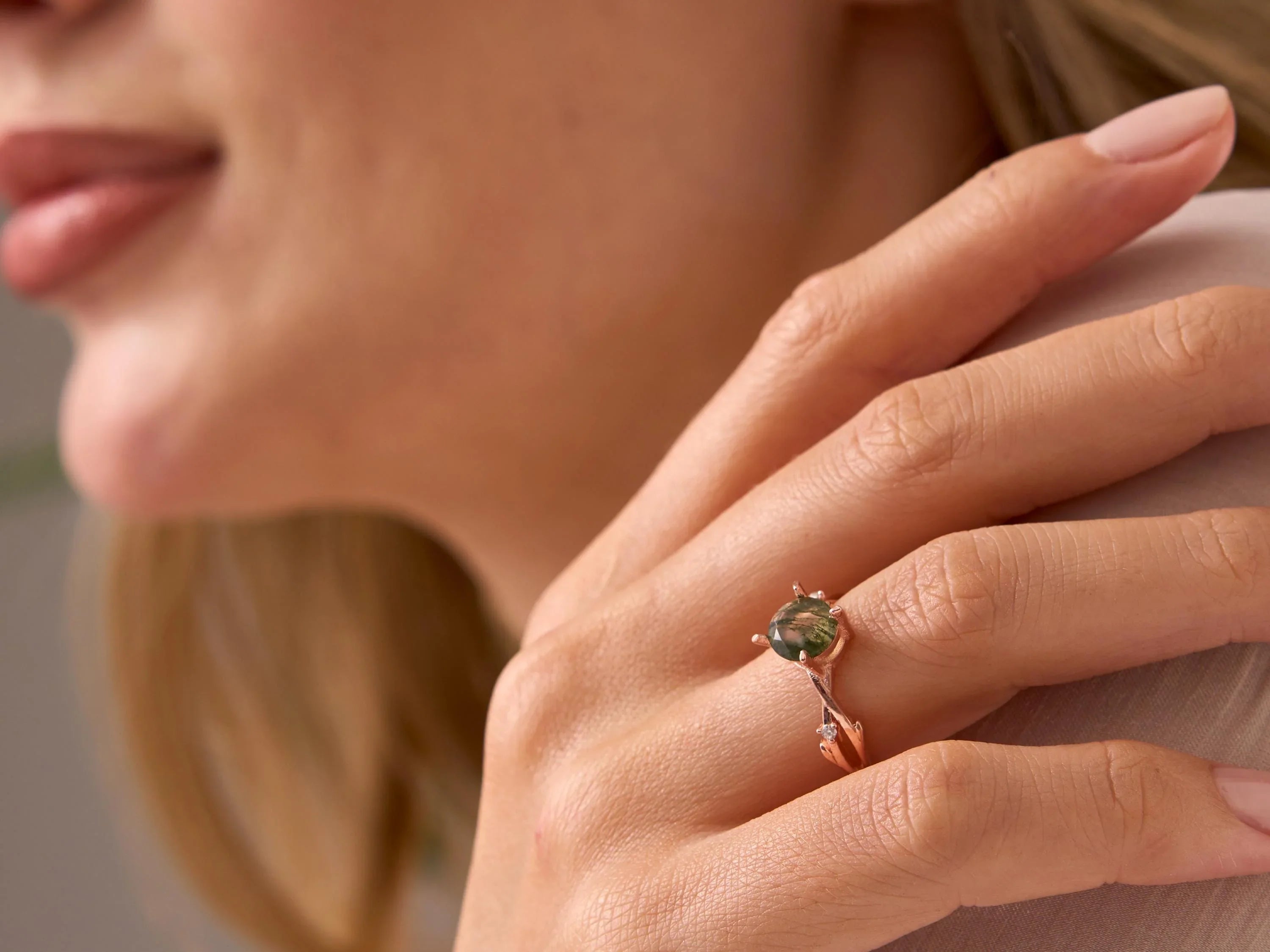 Moss Agate Diamond Ring, Branch Engagement Ring