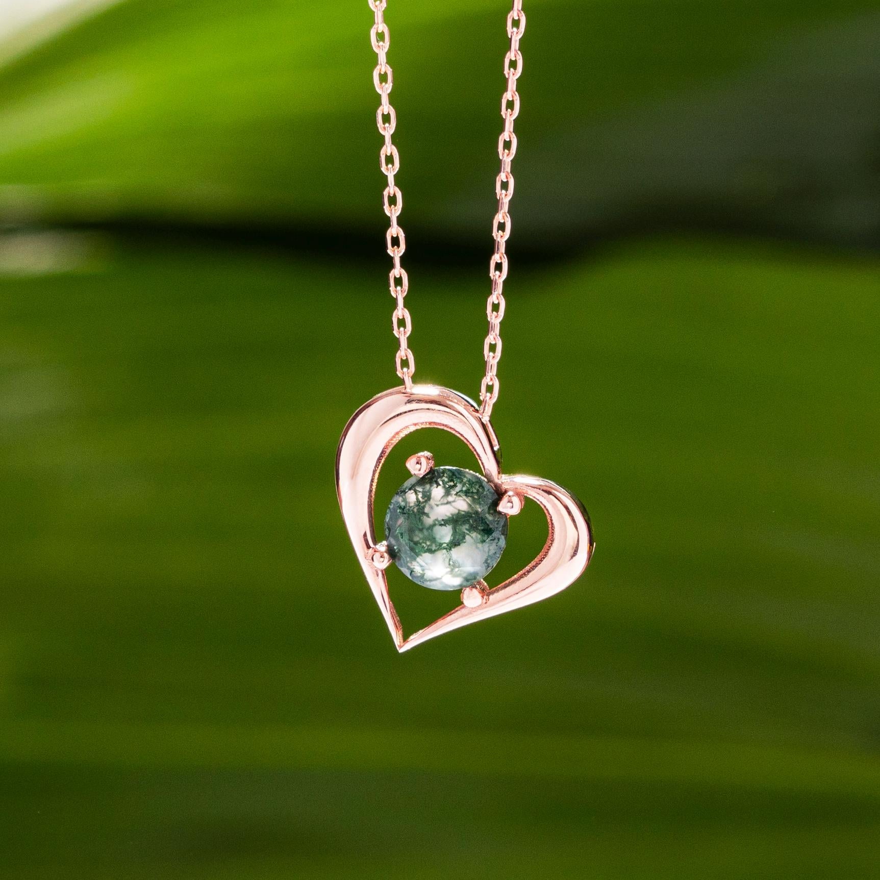 Natural Moss Agate Necklace, Heart Moss Agate Pendant with Round Cut