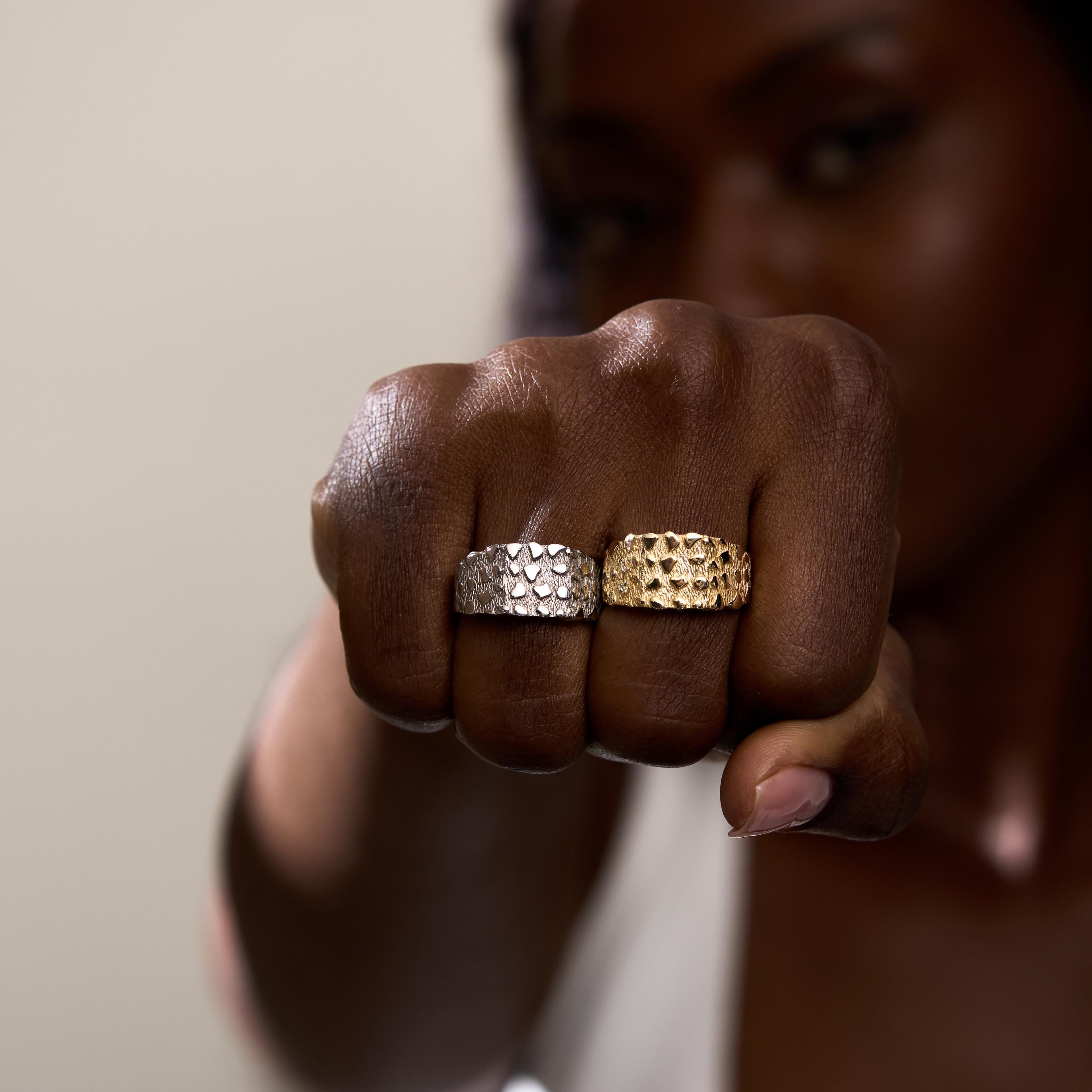 14K Solid Gold Nugget Ring Woman, Chunky Textured Signet Style Statement Ring