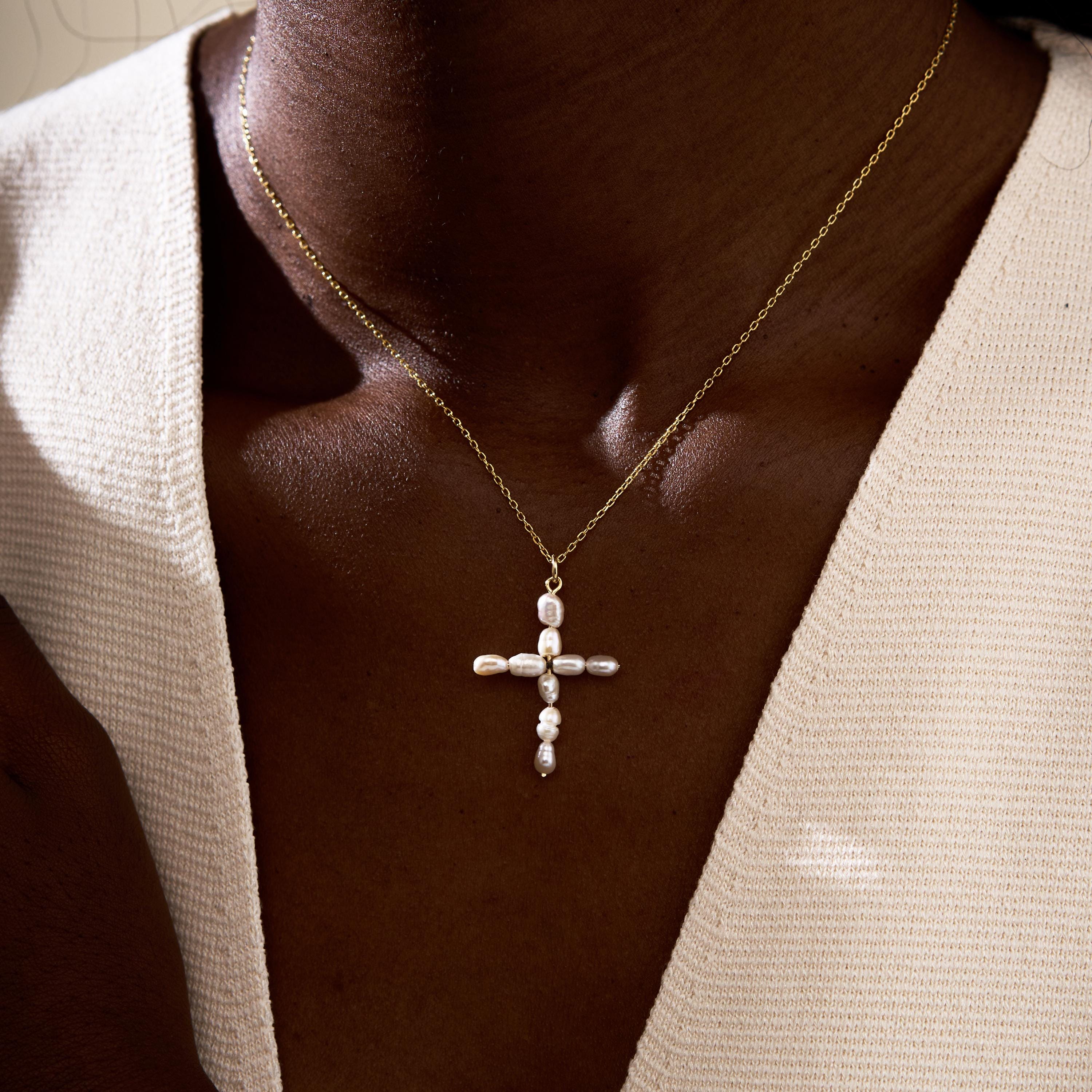 Pearl Cross Necklace, Dainty Sterling Silver Crucifix Pendant