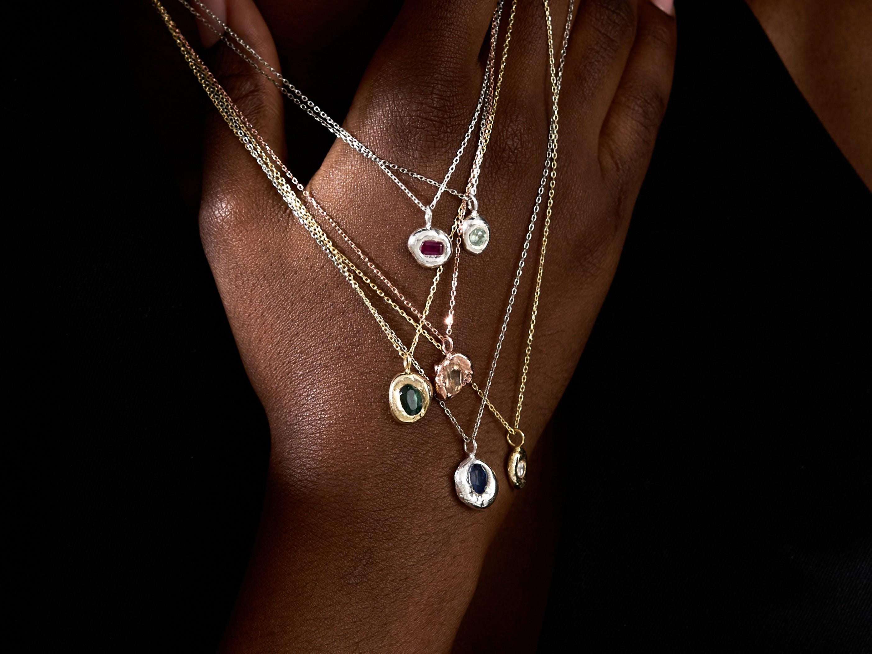 Lab Grown Sapphire Necklace, Pink Sapphire Nugget Pendant, Poured Silver Green Gemstones