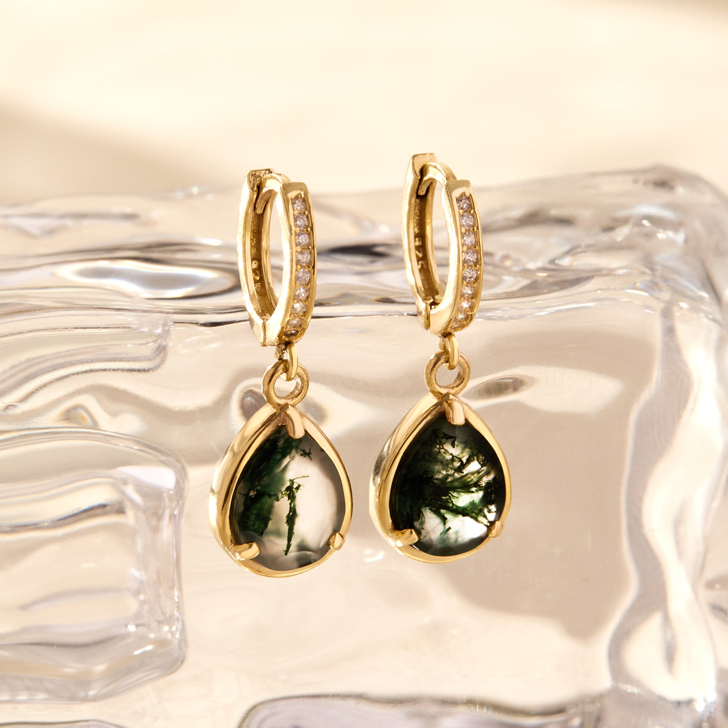 Diamond Moss Agate Earrings
