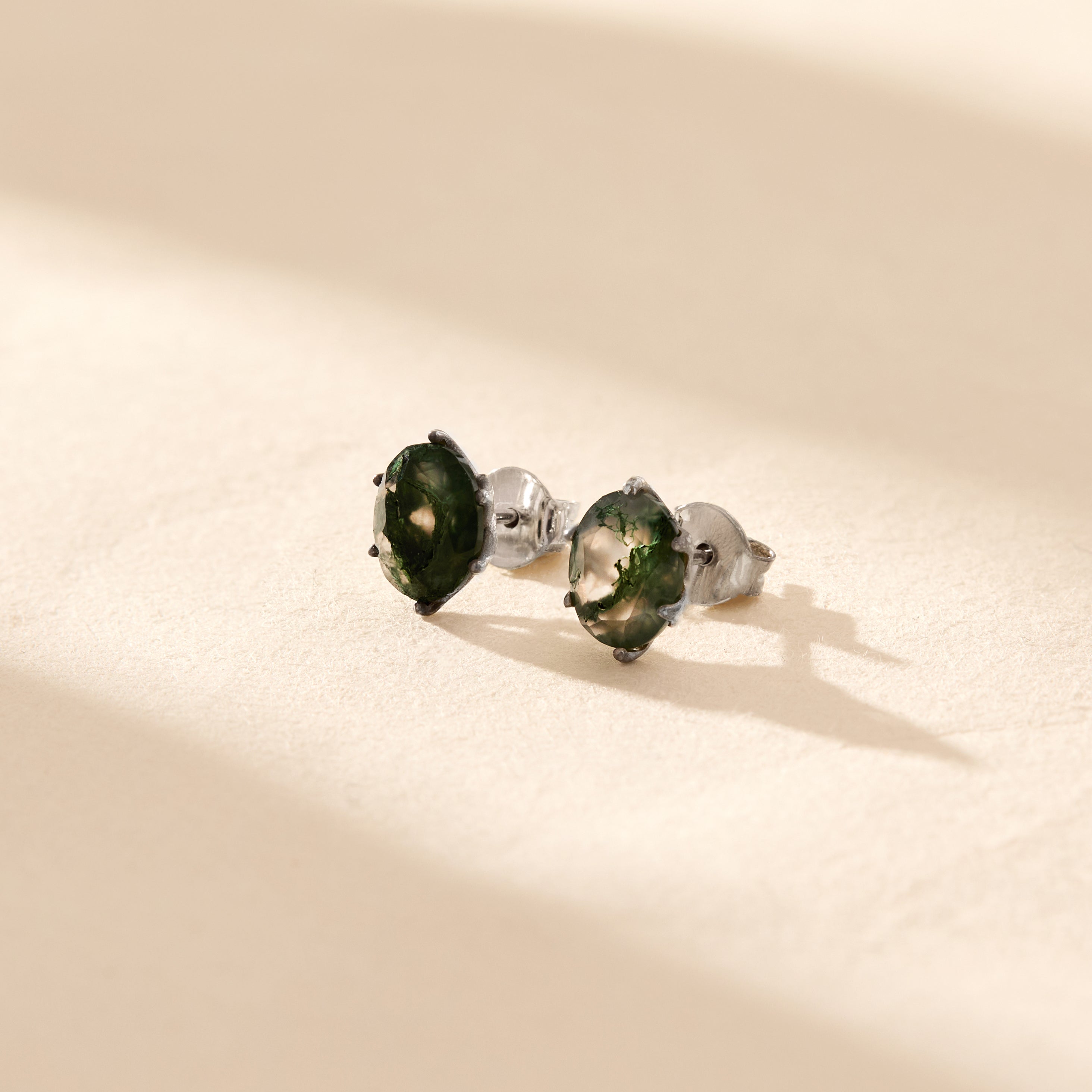 Stud Oval Moss Agate Earrings