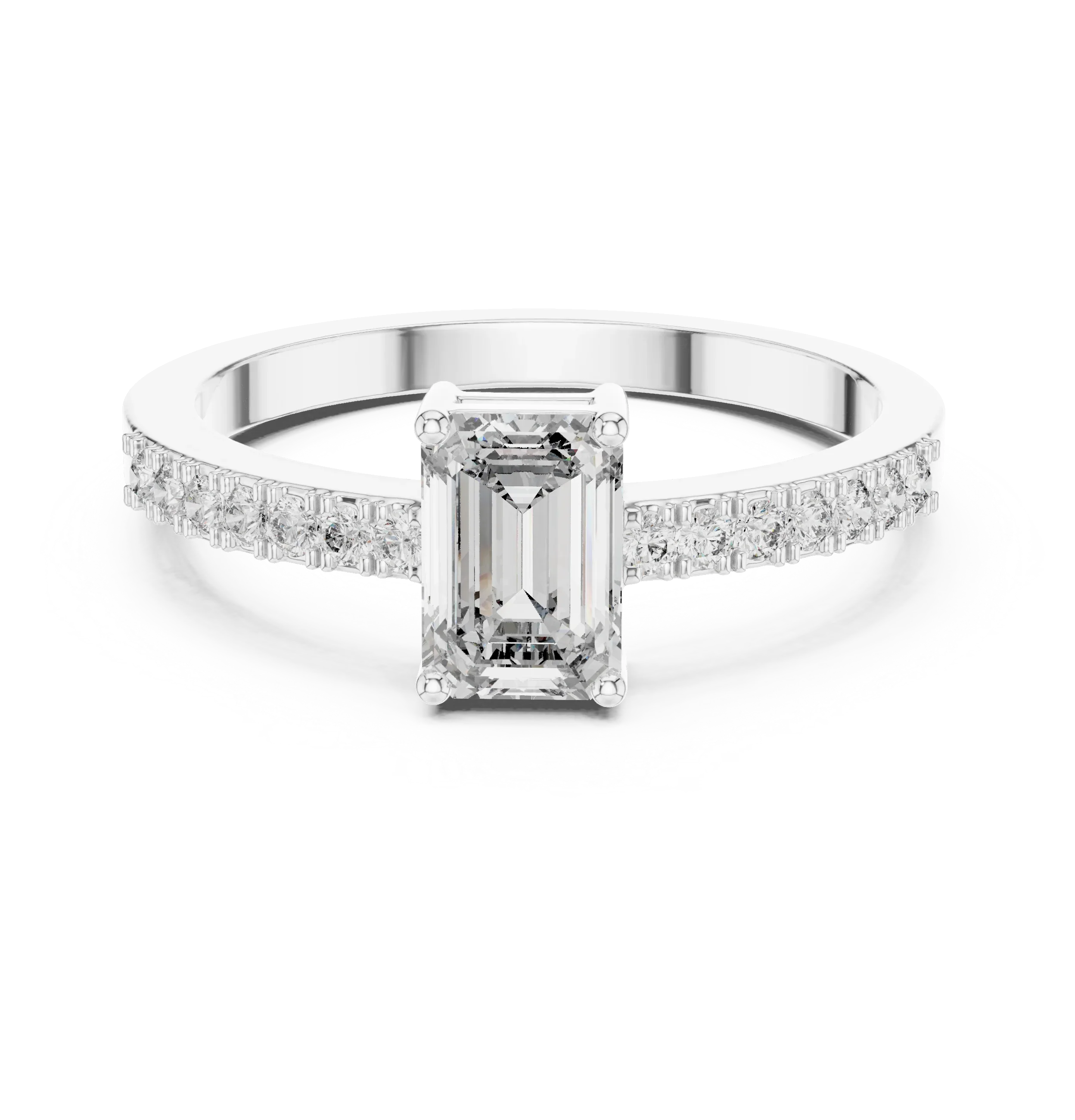 Emerald cut diamond engagement ring with pavé band in white gold