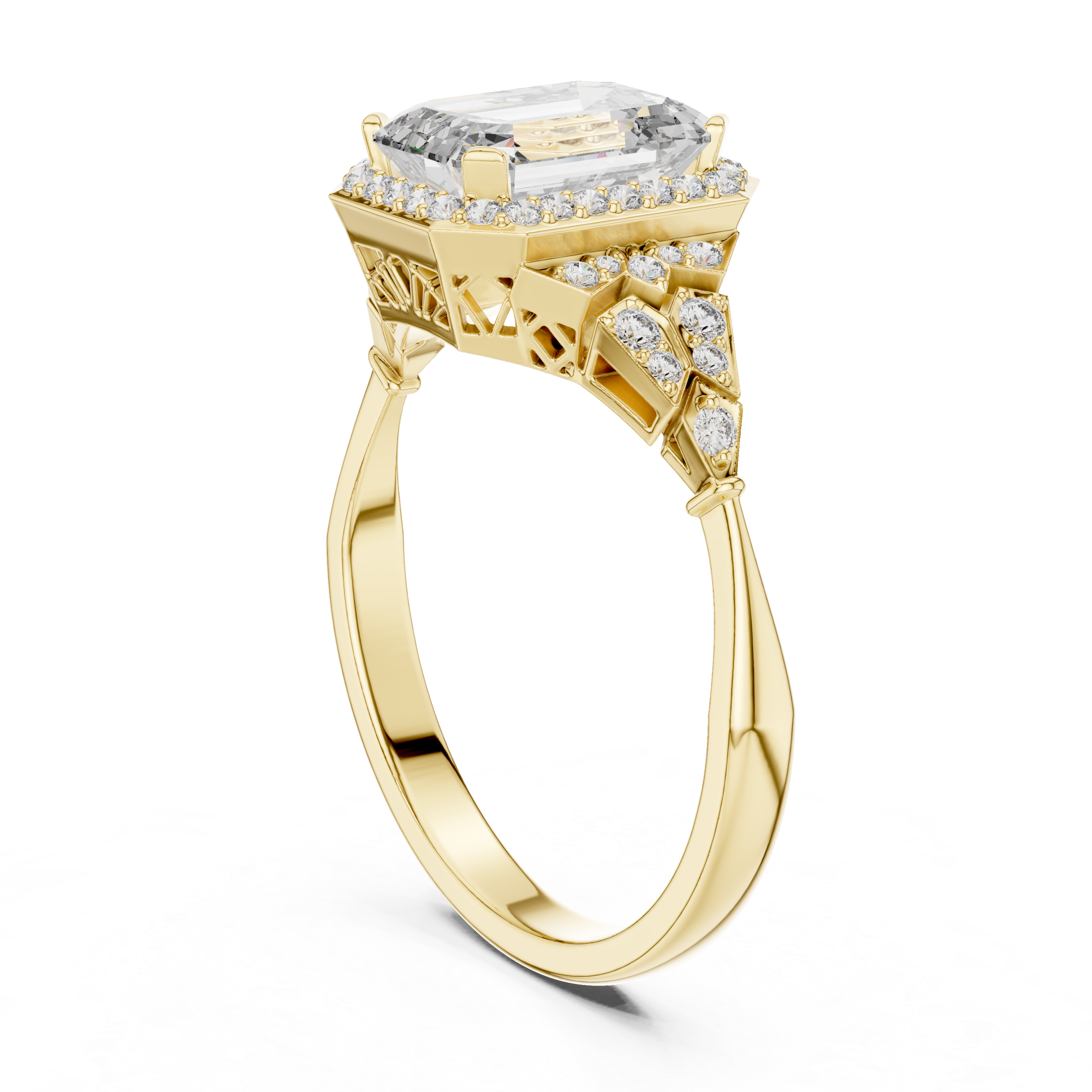 The Mortsel Ring - Emerald Cut Vintage Halo with Filigree Detail