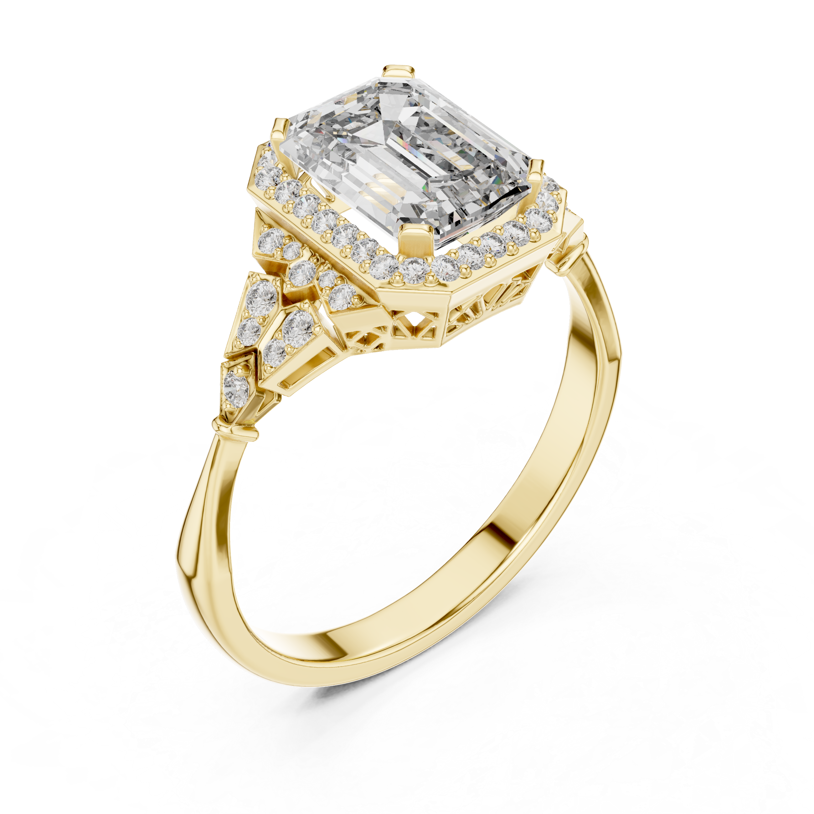 The Mortsel Ring - Emerald Cut Vintage Halo with Filigree Detail