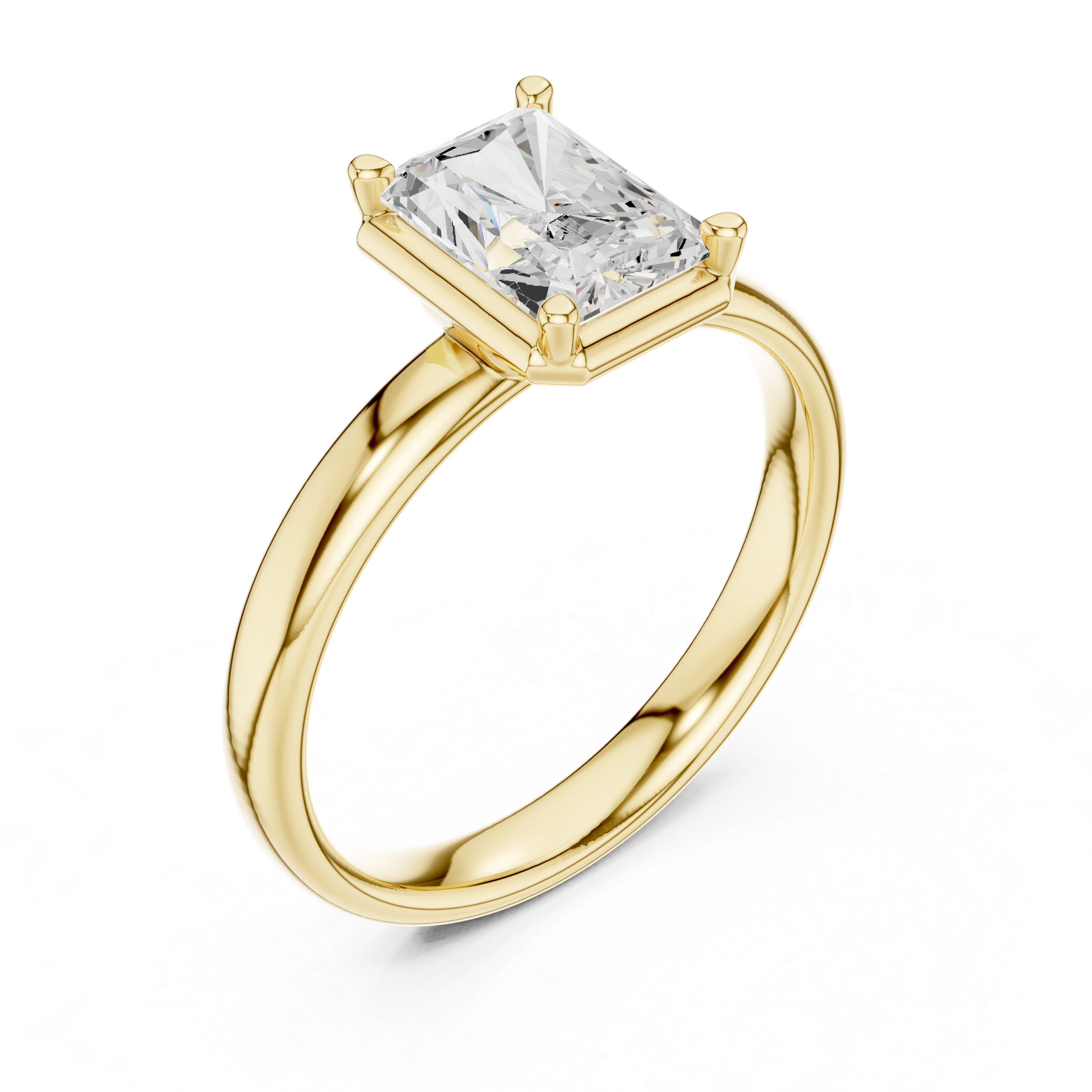 Gold ring with a large diamond on a white background