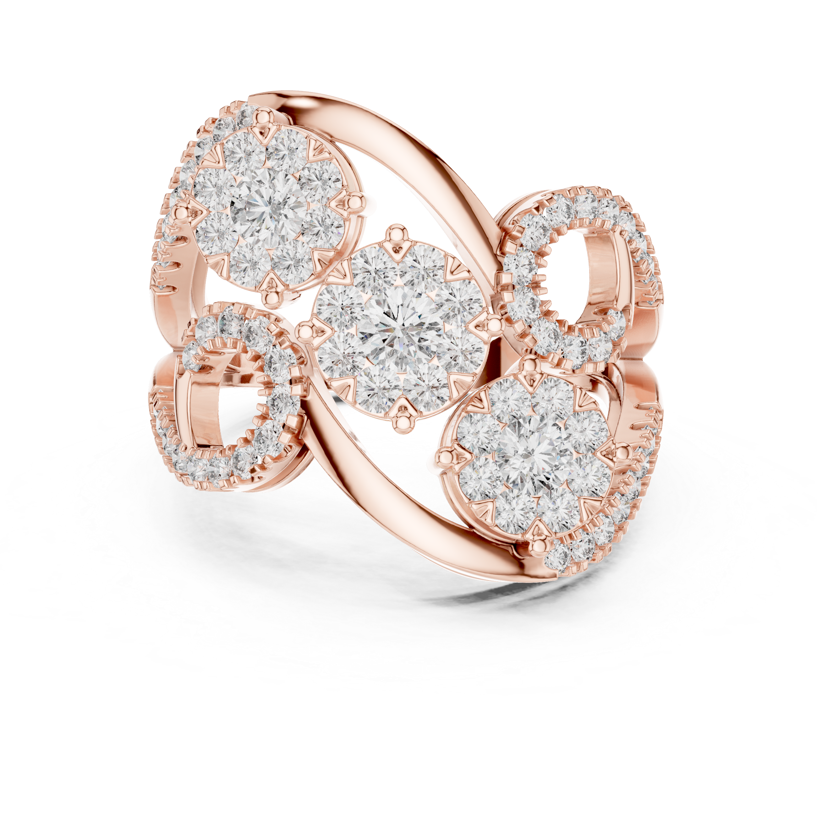 The Bayeux Ring - Triple Floral Cluster Diamond Ring with Swirling Pavé