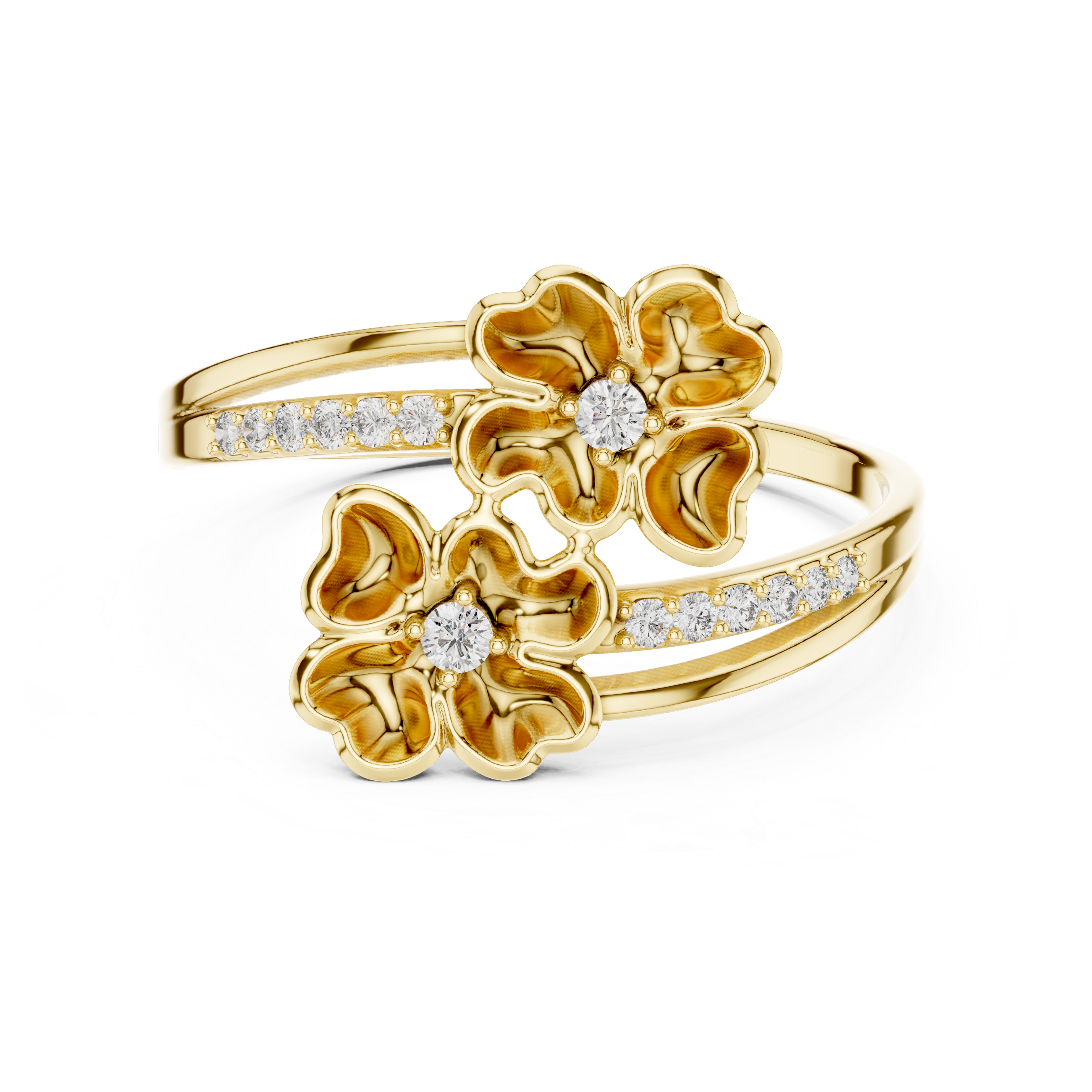 Gold floral ring with diamond accents on a white background