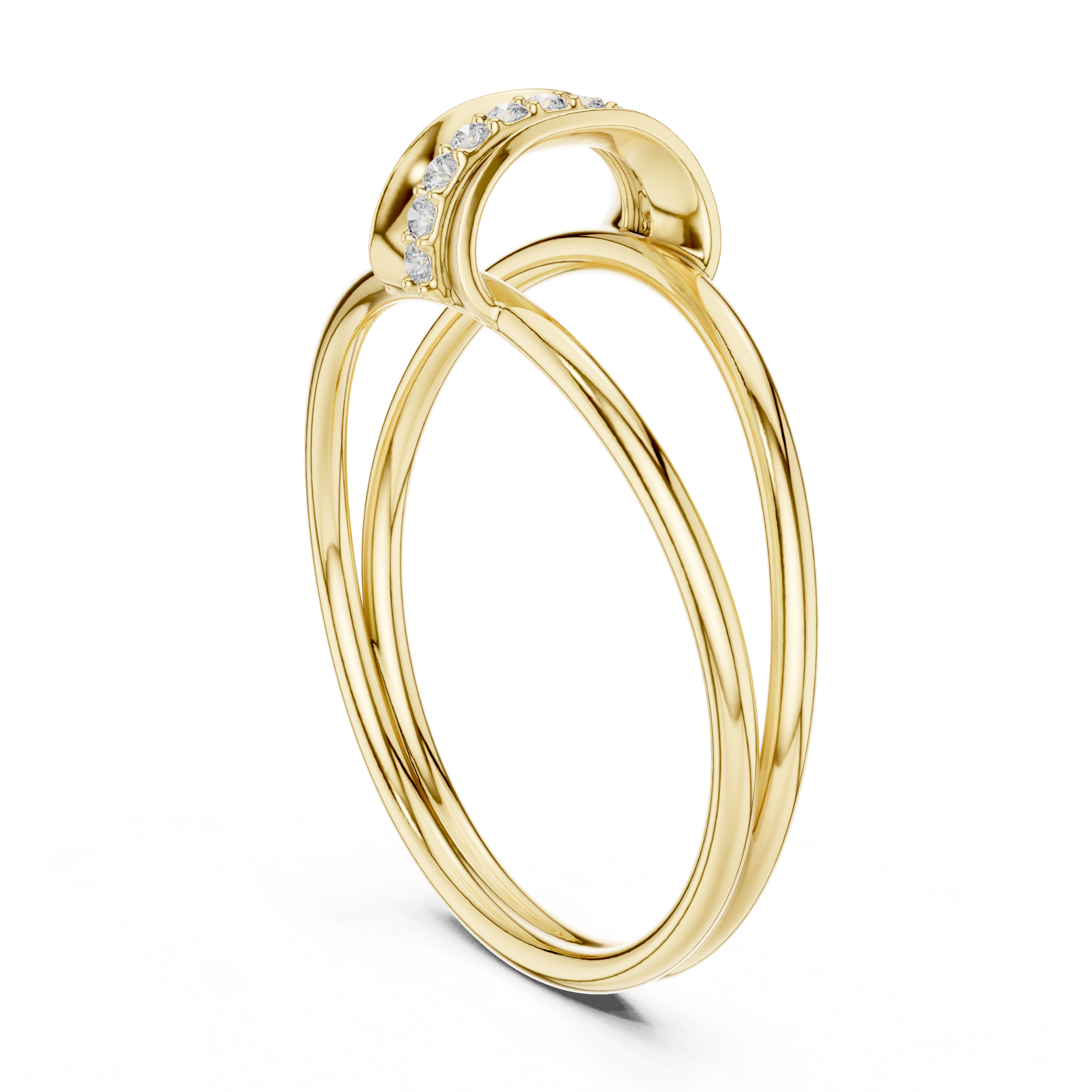 Gold ring with diamond accents on a white background
