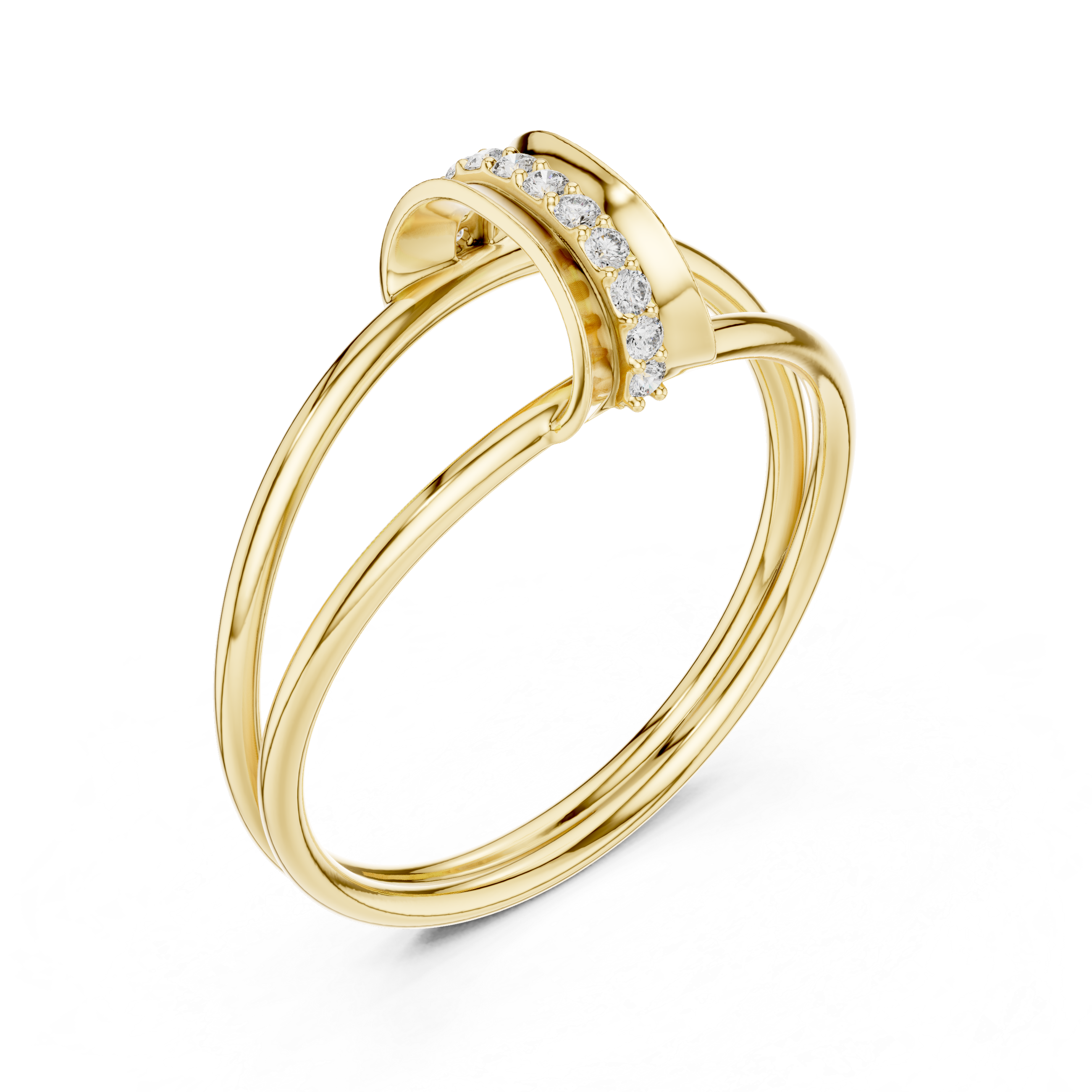 Gold ring with diamond accents on a white background