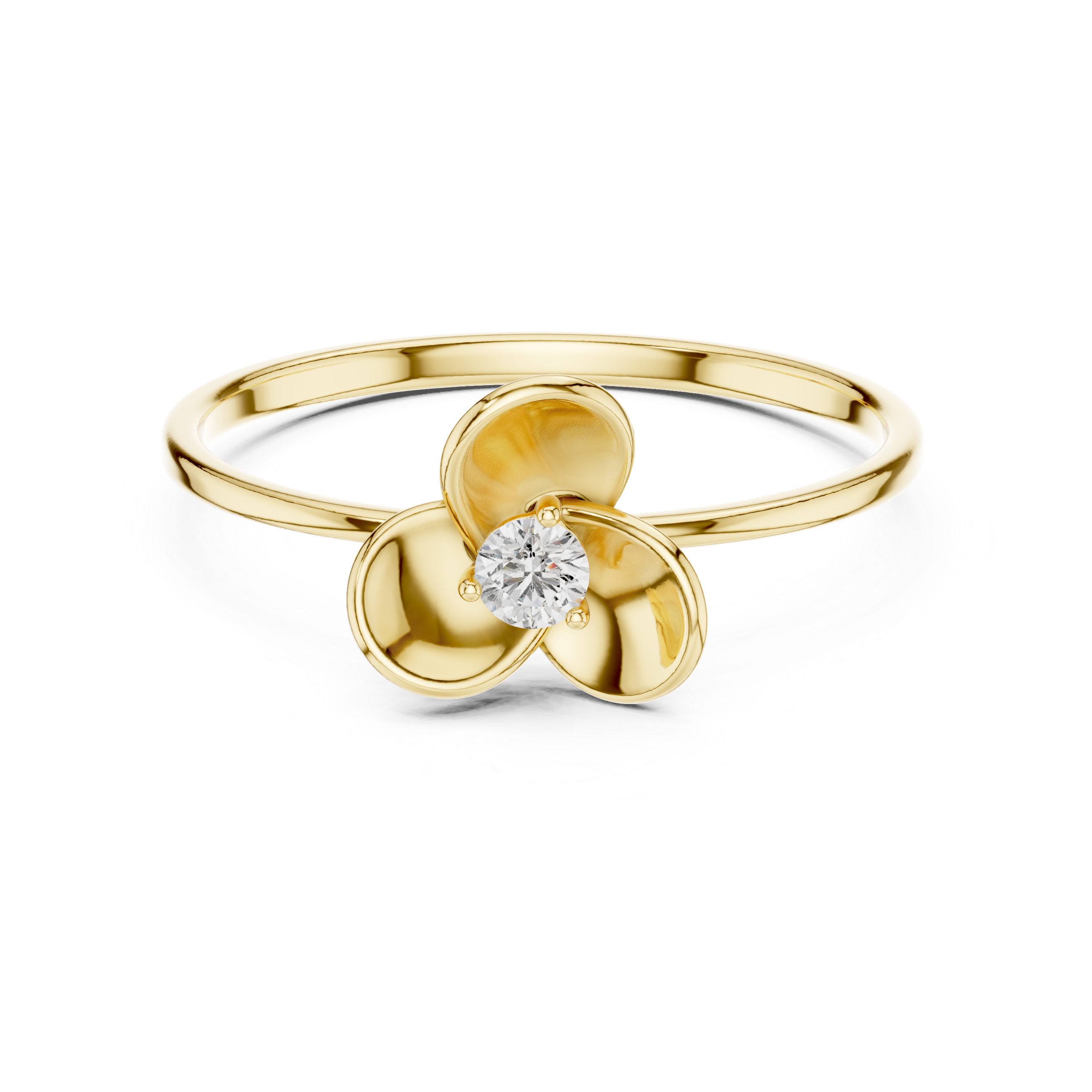 Gold ring with a diamond set in a floral design on a white background