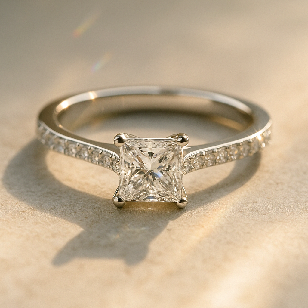 The Utena Ring - Princess Cut Solitaire Pavé Engagement Ring