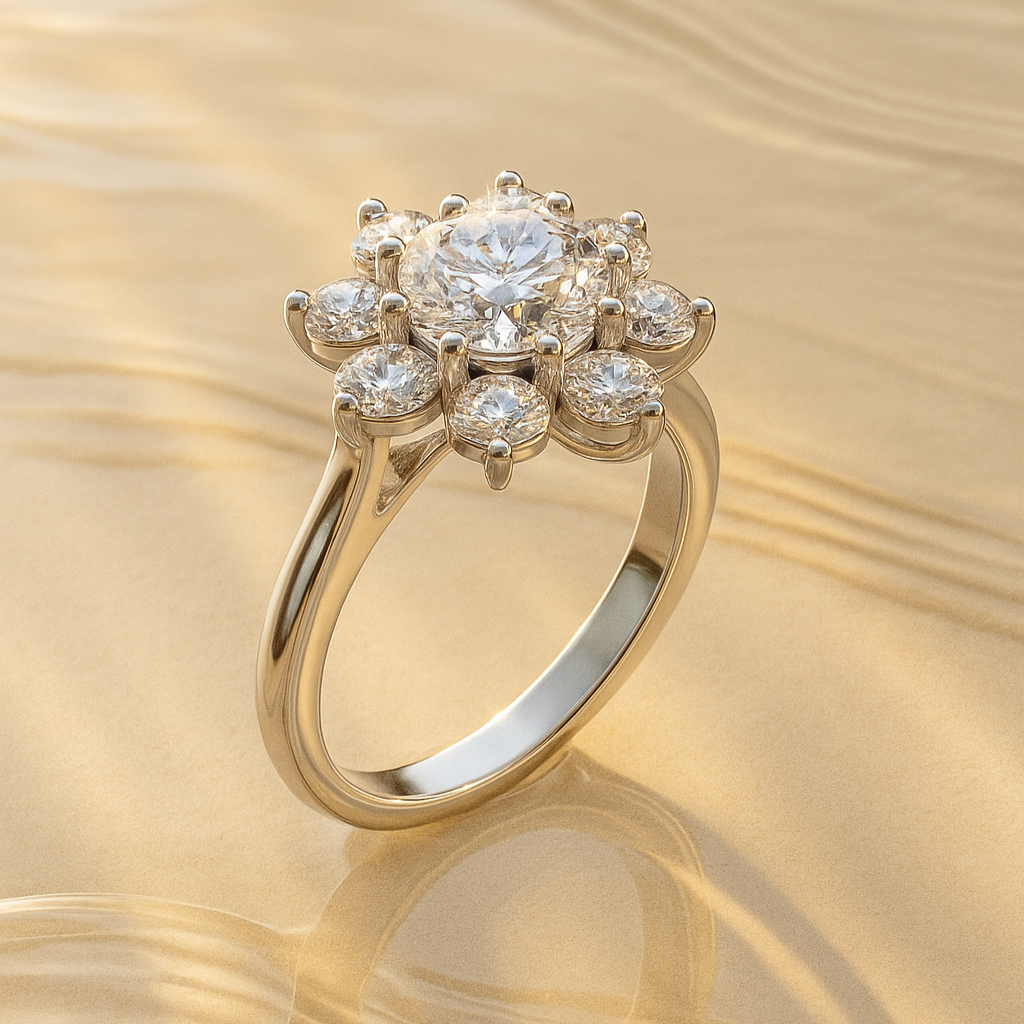 The Palanga Ring - Round Cut Floral Sunburst Halo Engagement Ring