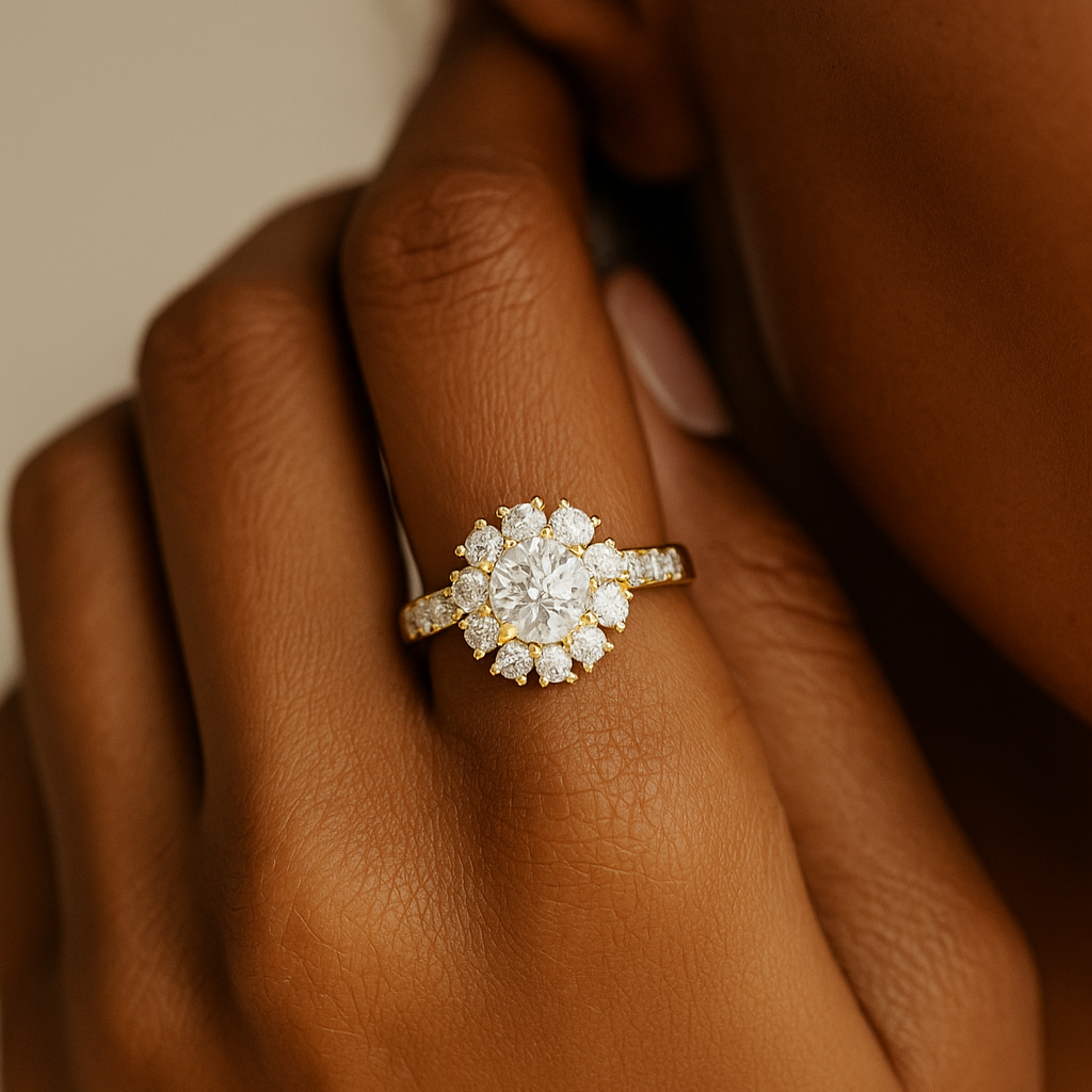 The Paide Ring - Round Cut Floral Halo Pavé Engagement Ring