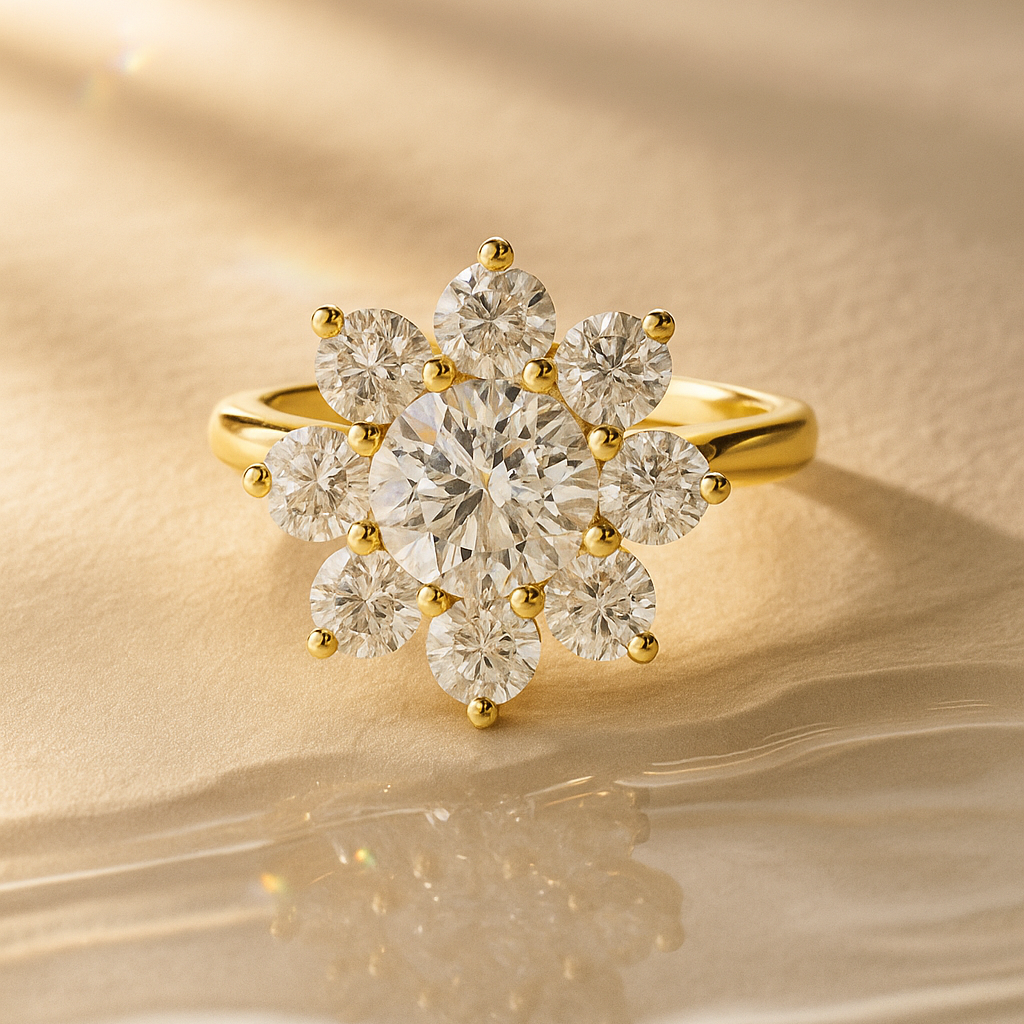 The Palanga Ring - Round Cut Floral Sunburst Halo Engagement Ring