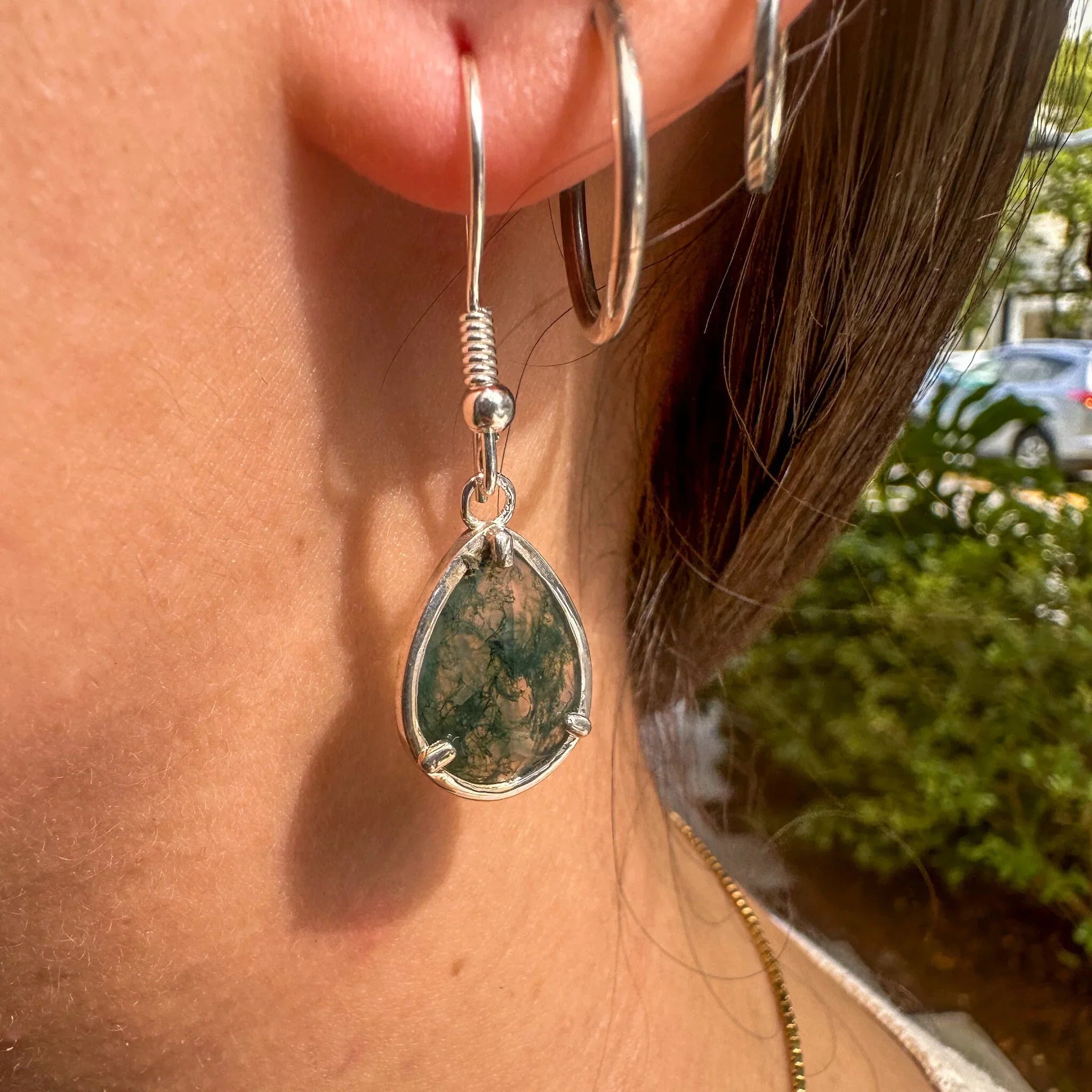 Green Moss Agate Earrings, Pear Moss Agate Jewelry
