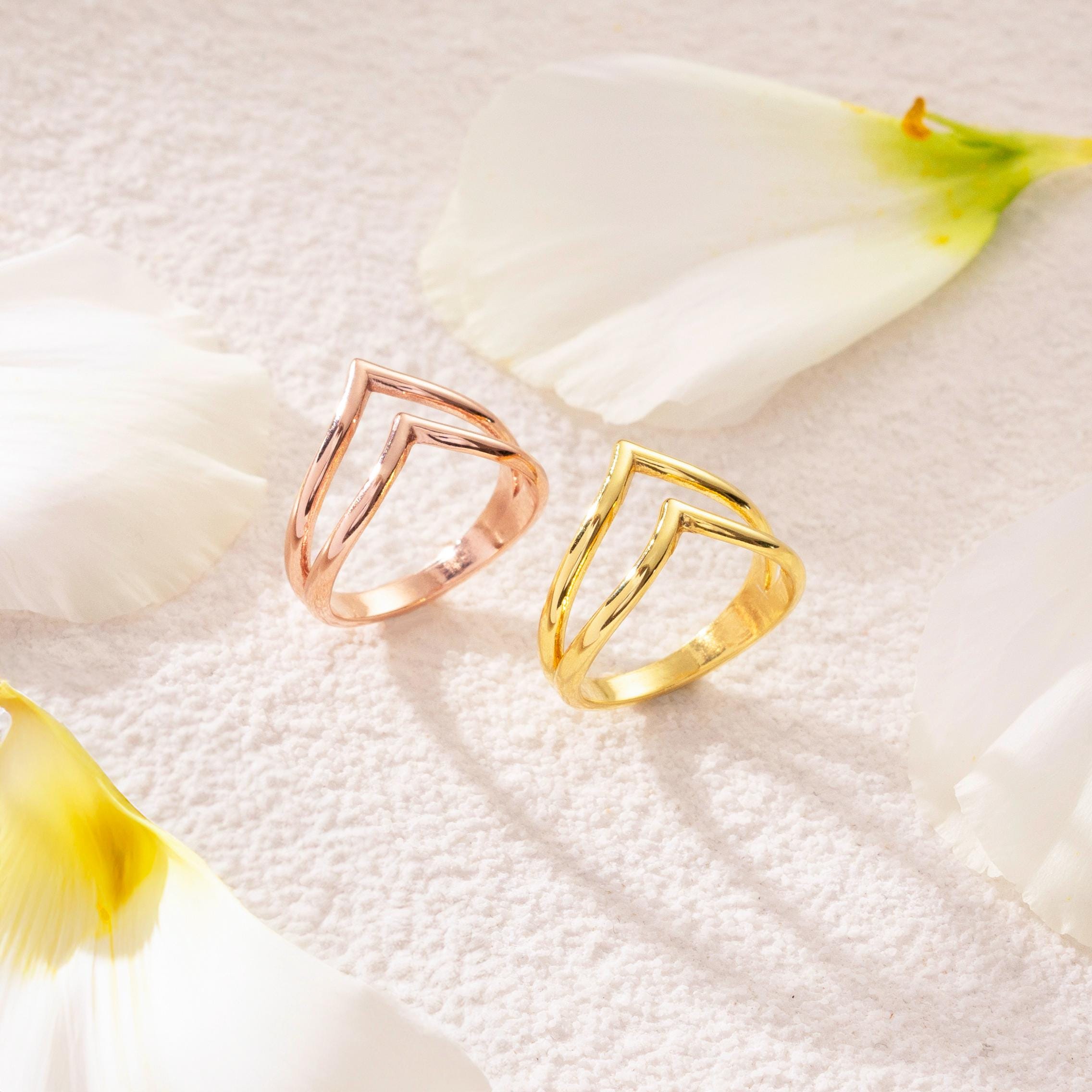 Double Chevron Sterling Silver Ring: Gold Minimalist Stacking Band