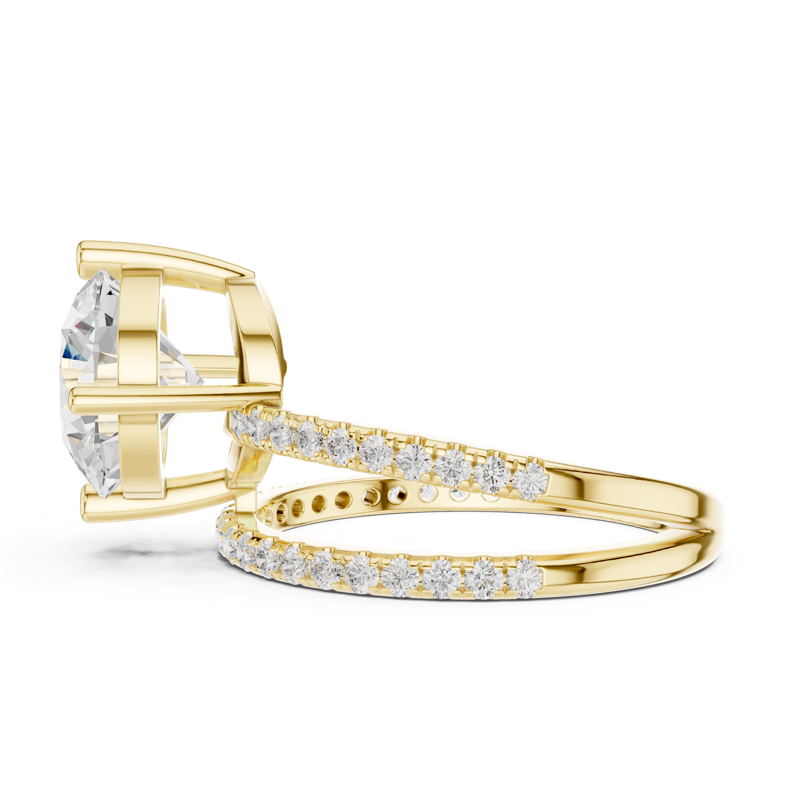 Gold ring with diamond accents on a white background