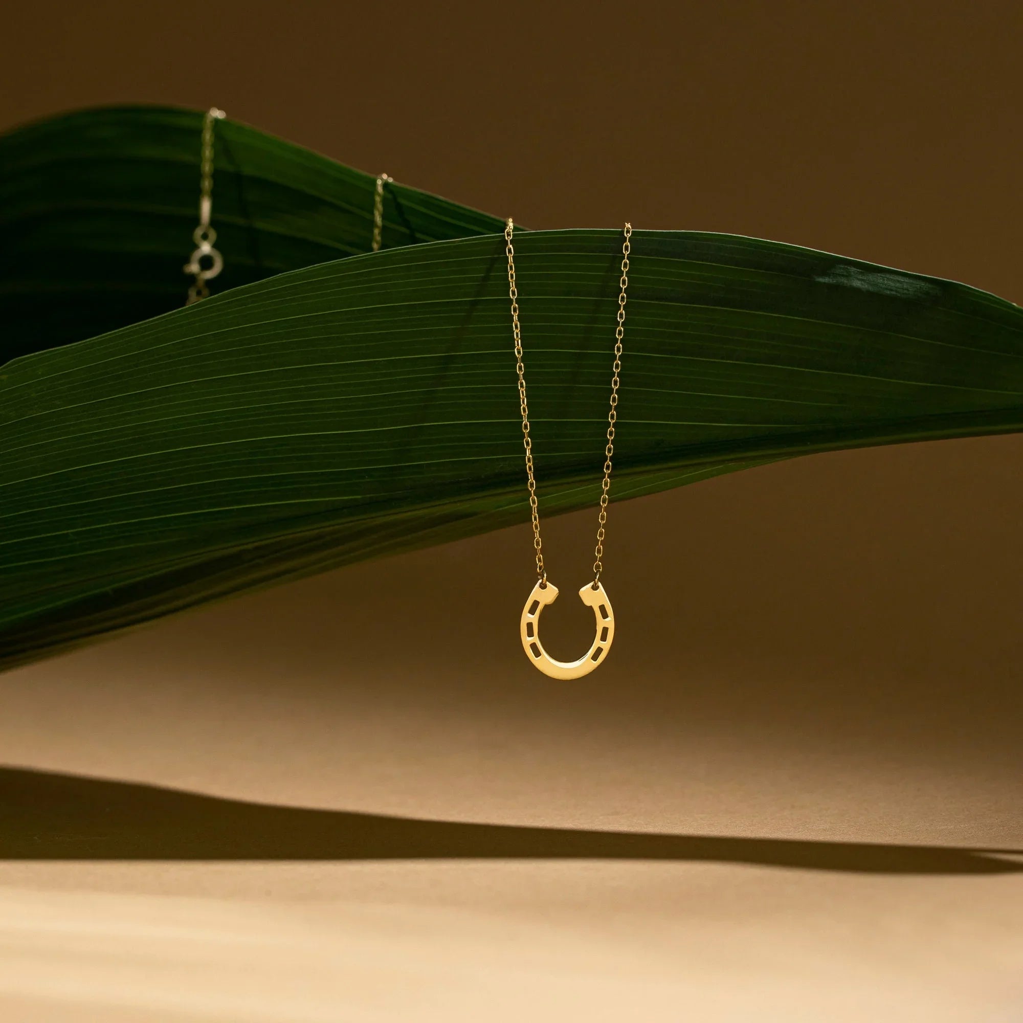 Gold horseshoe necklace on a leaf 