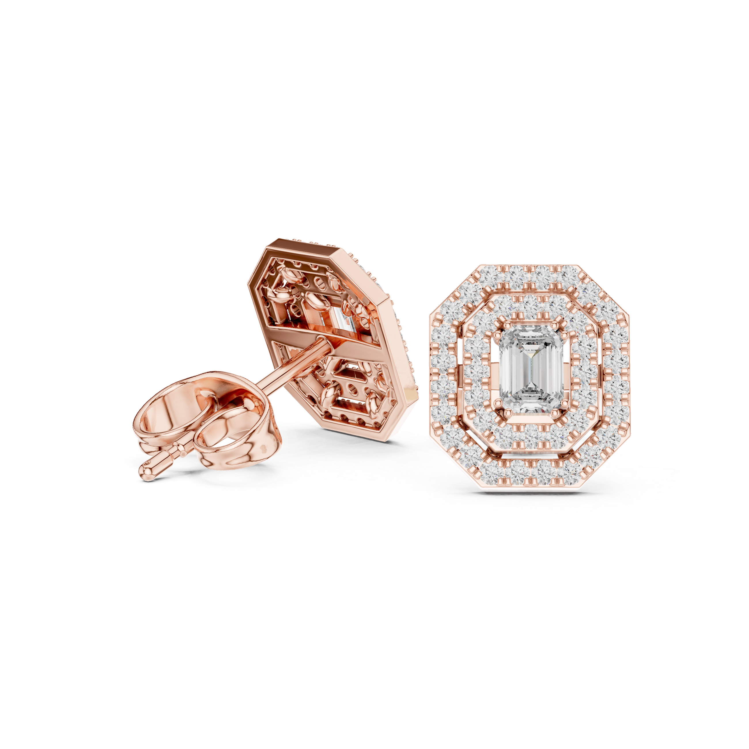 Rose gold earrings with diamond accents on a white background