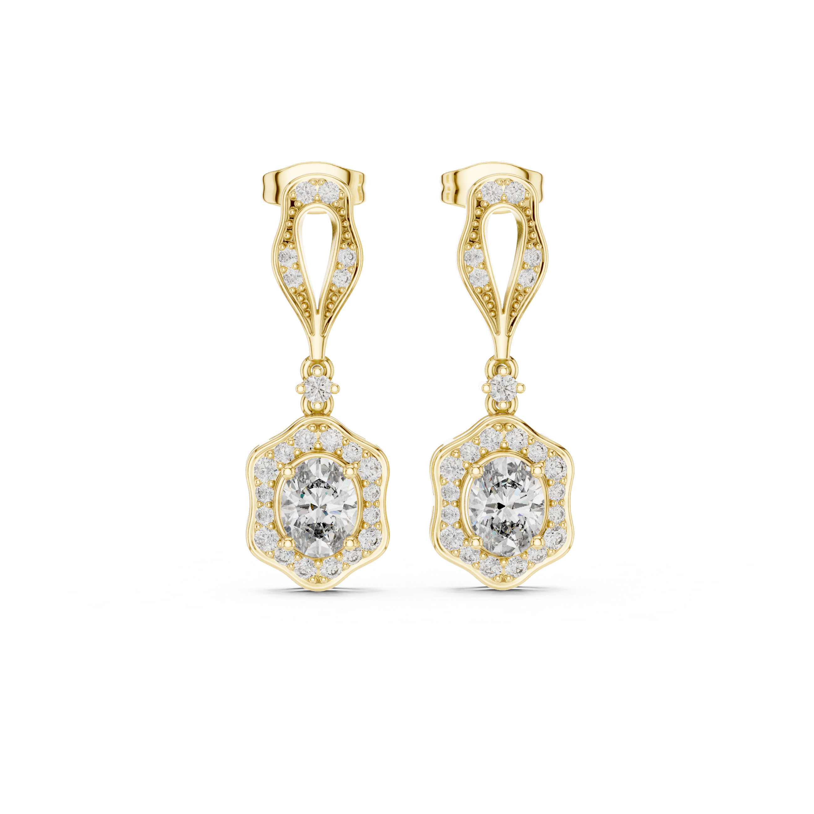 The Fiesole Earrings - Oval Drop Earrings with Diamond Halo