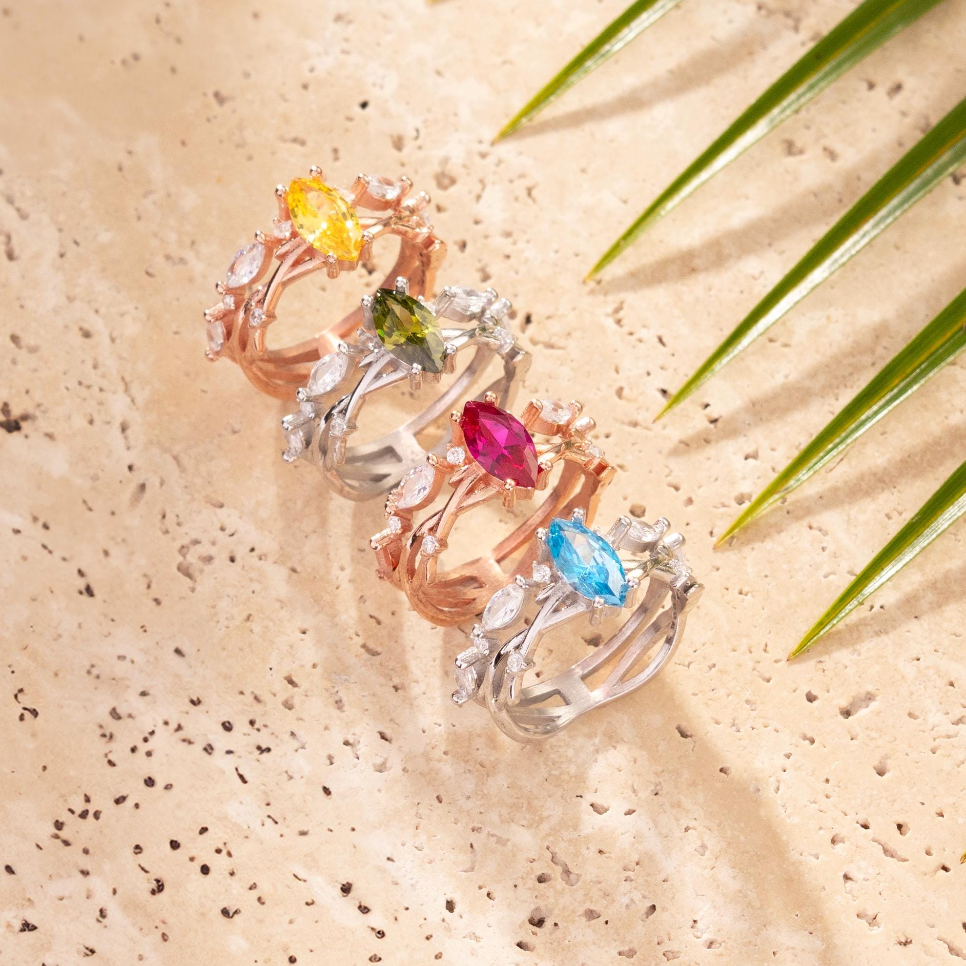 Marquise Cut Simulated Diamond Rings with birthstones