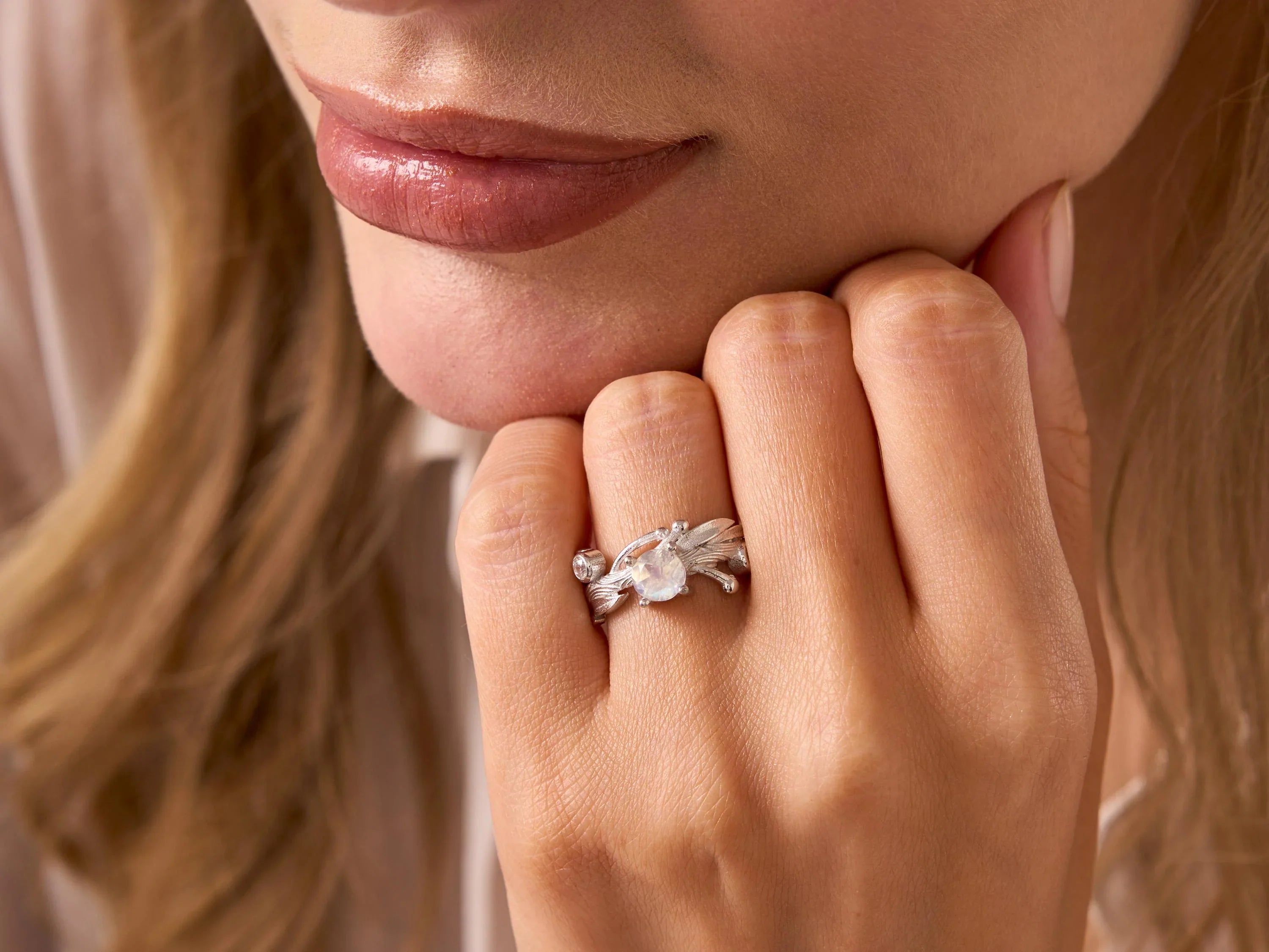 Moon Stone Leaf Ring, Rainbow Moonstone Ring Silver