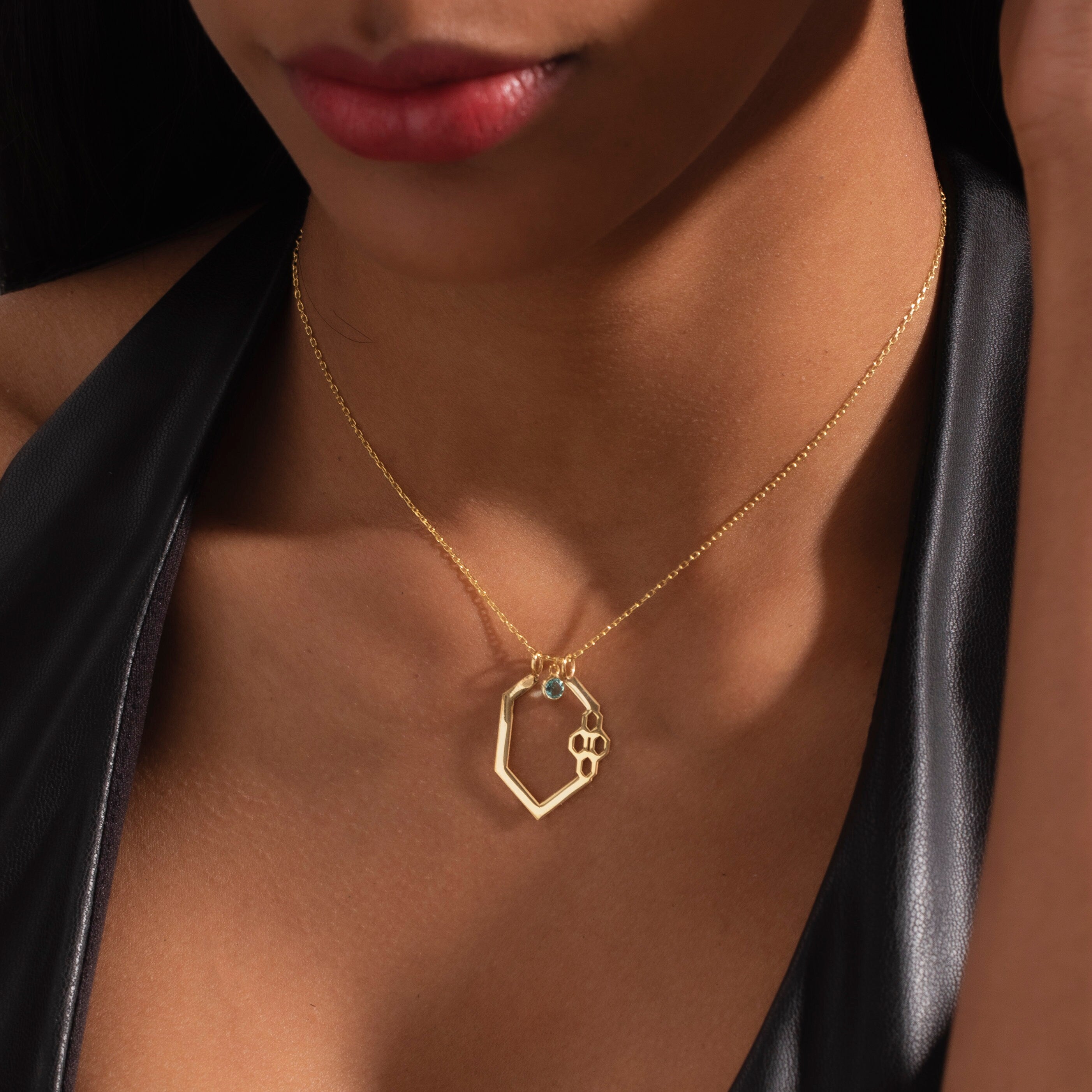 Honeycomb Ring Holder Necklace with Birthstone