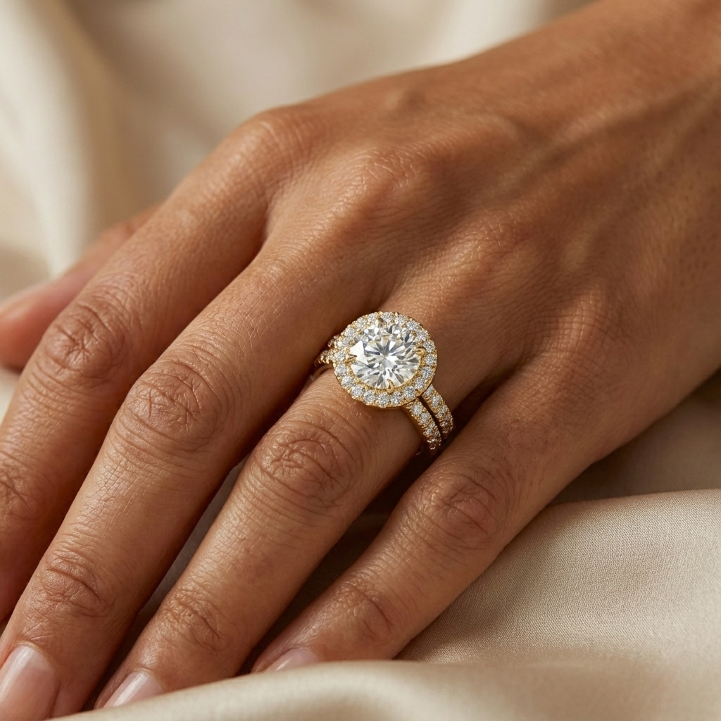 Muur Atelier Solid Gold Round Cut Halo Diamond Bridal Set