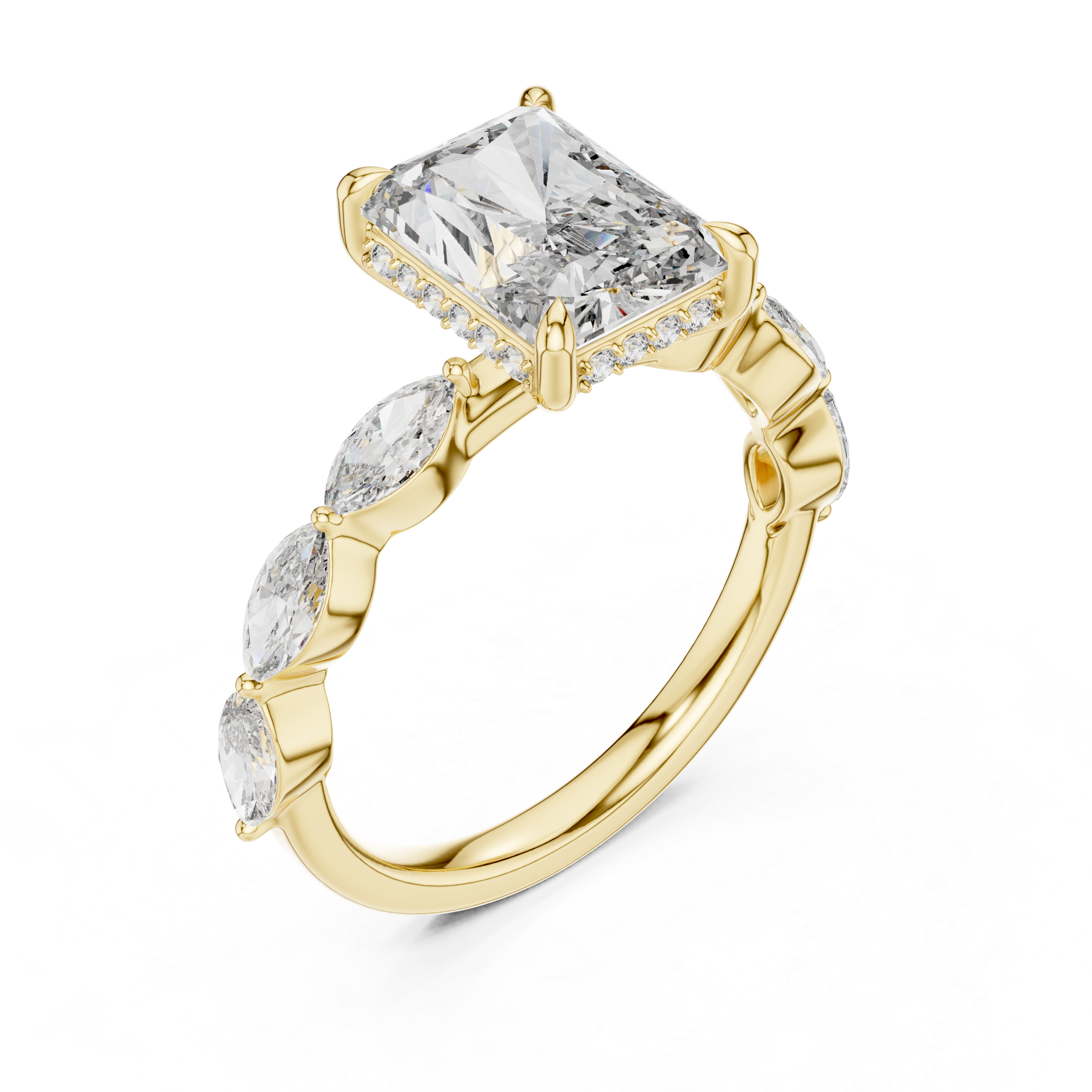 The Dinard Ring - Radiant Cut Solitaire with Marquise Diamond Band