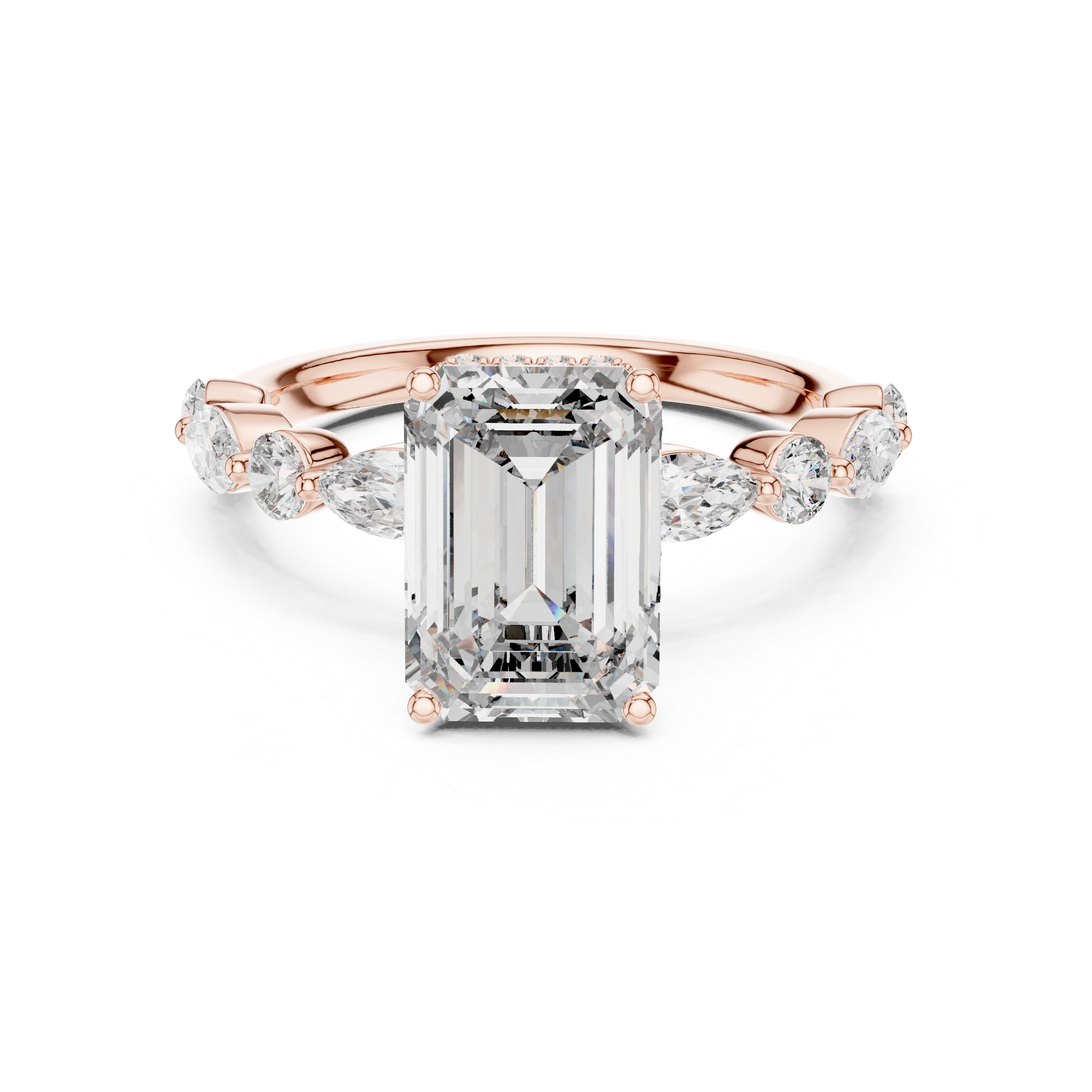 The Saumur Ring - Emerald Cut Solitaire with Alternating Diamond Vine Band