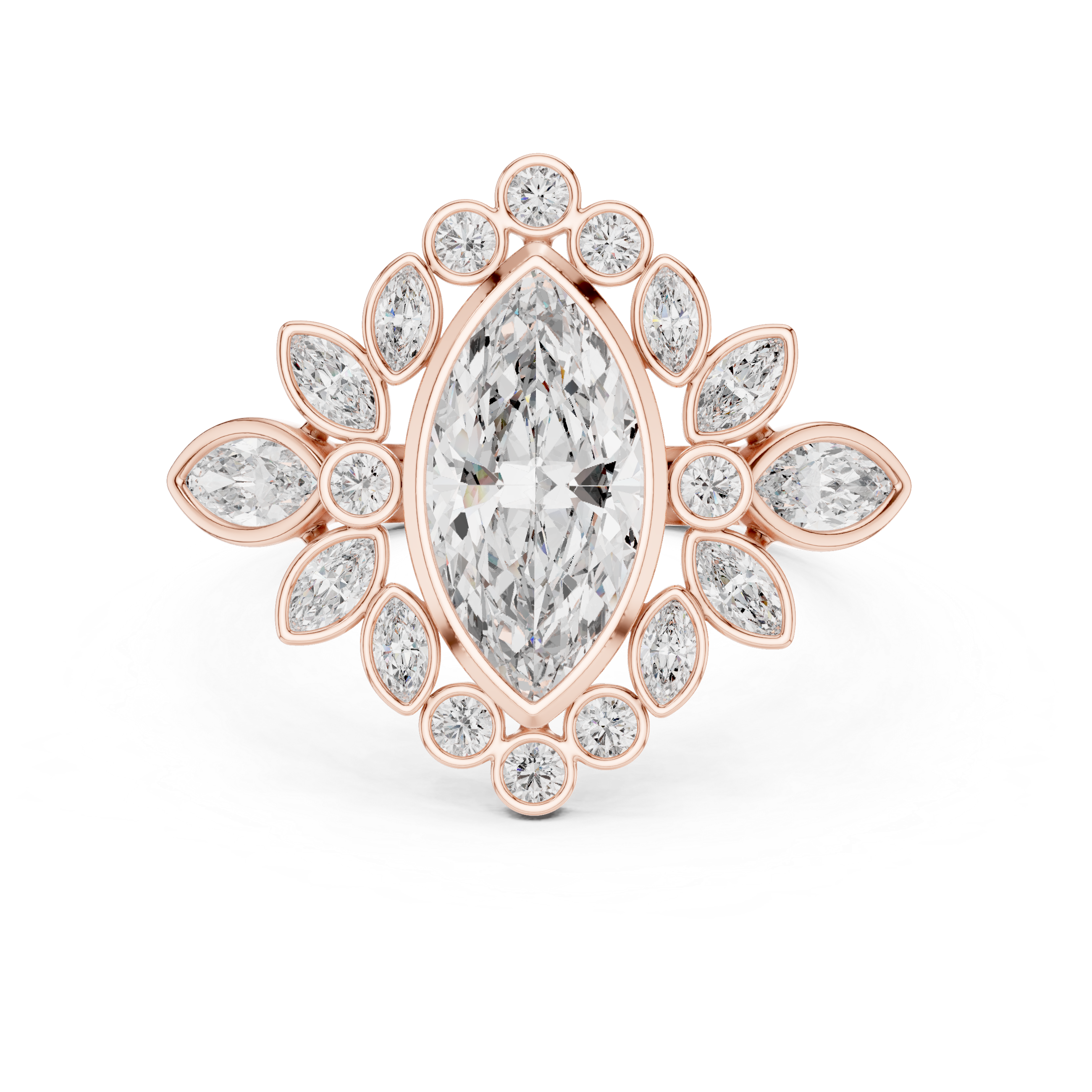 The Amboise Ring - Vintage Marquise Halo Ring with Floral Bezel Accents